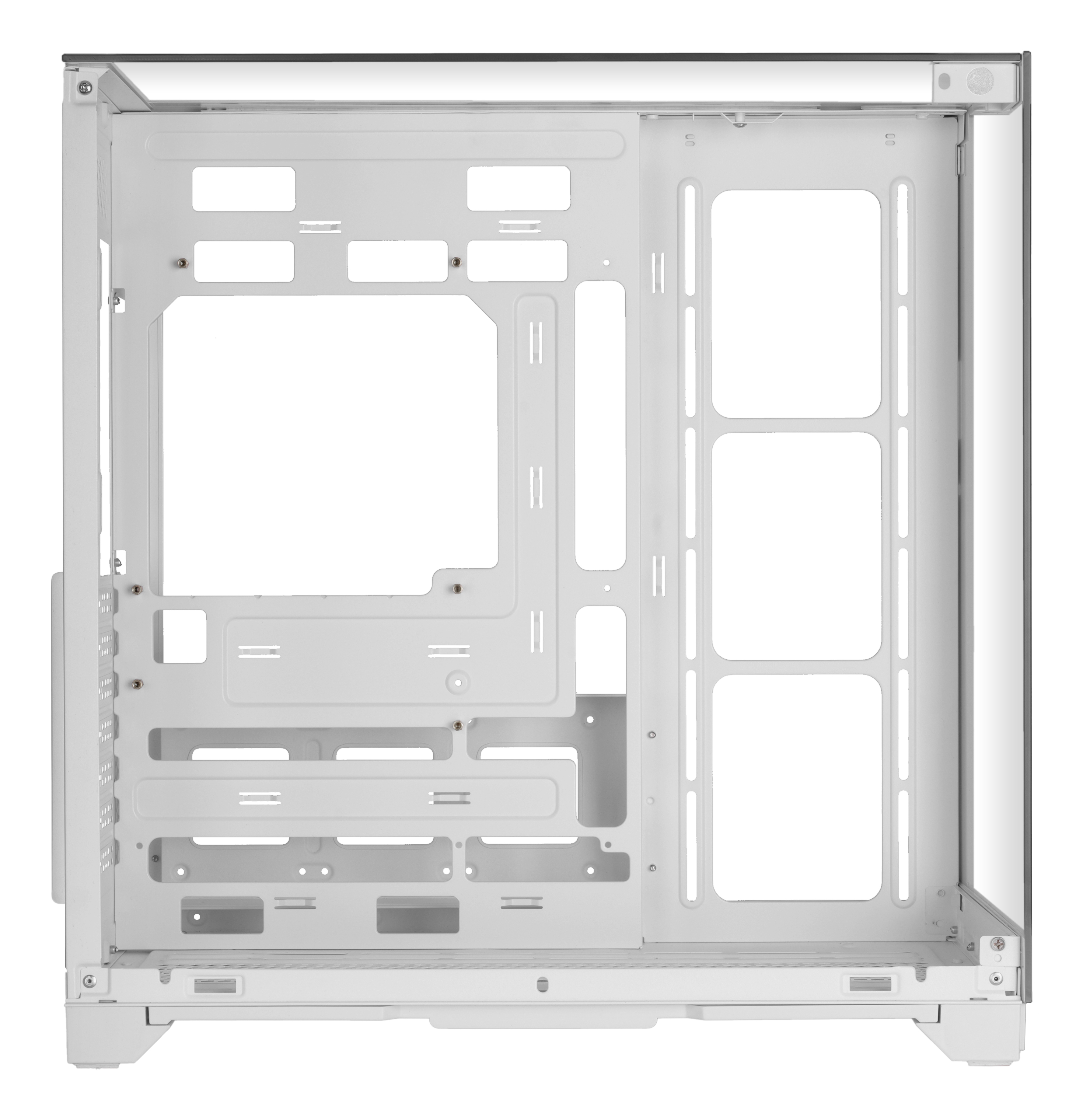 Interno di un case per computer bianco. Ha molte aperture e punti di montaggio. Il case è vuoto.