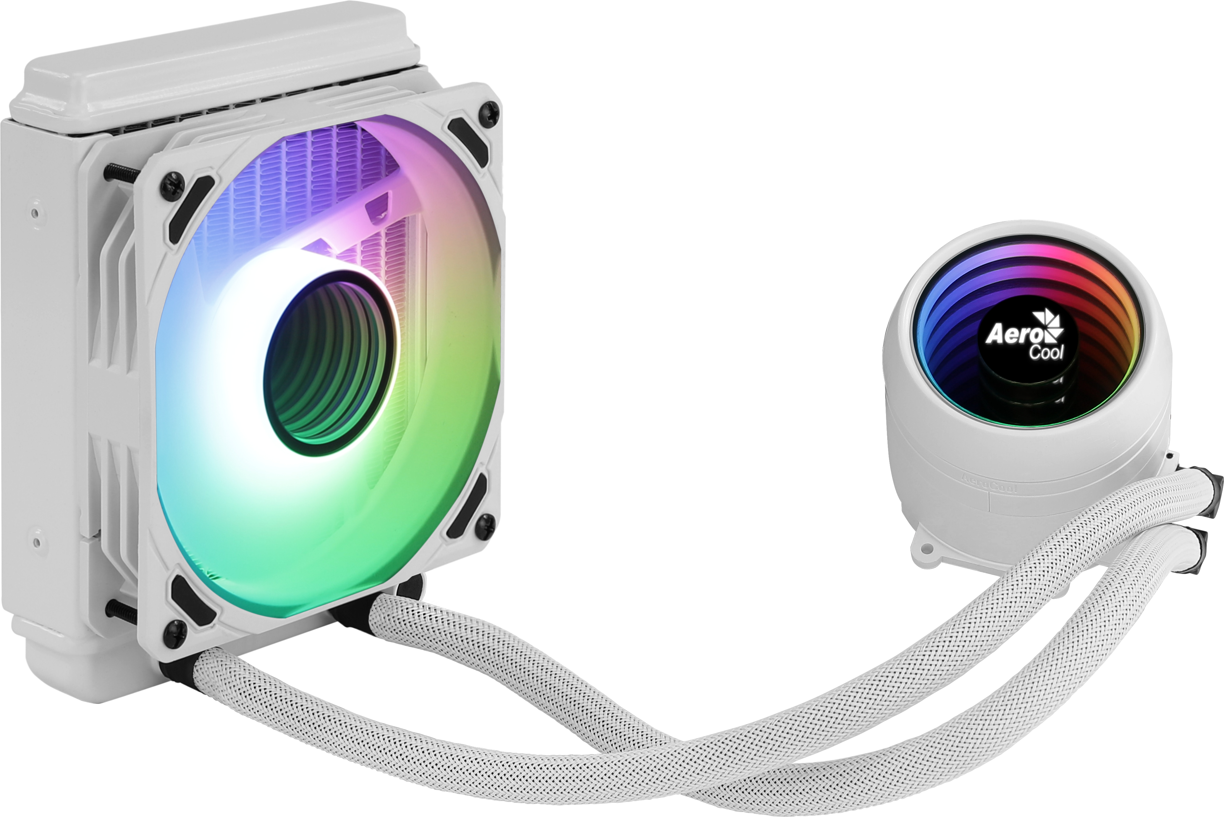 Un enfriador líquido blanco para computadora con luces LED de colores. Tiene dos partes conectadas por tubos.