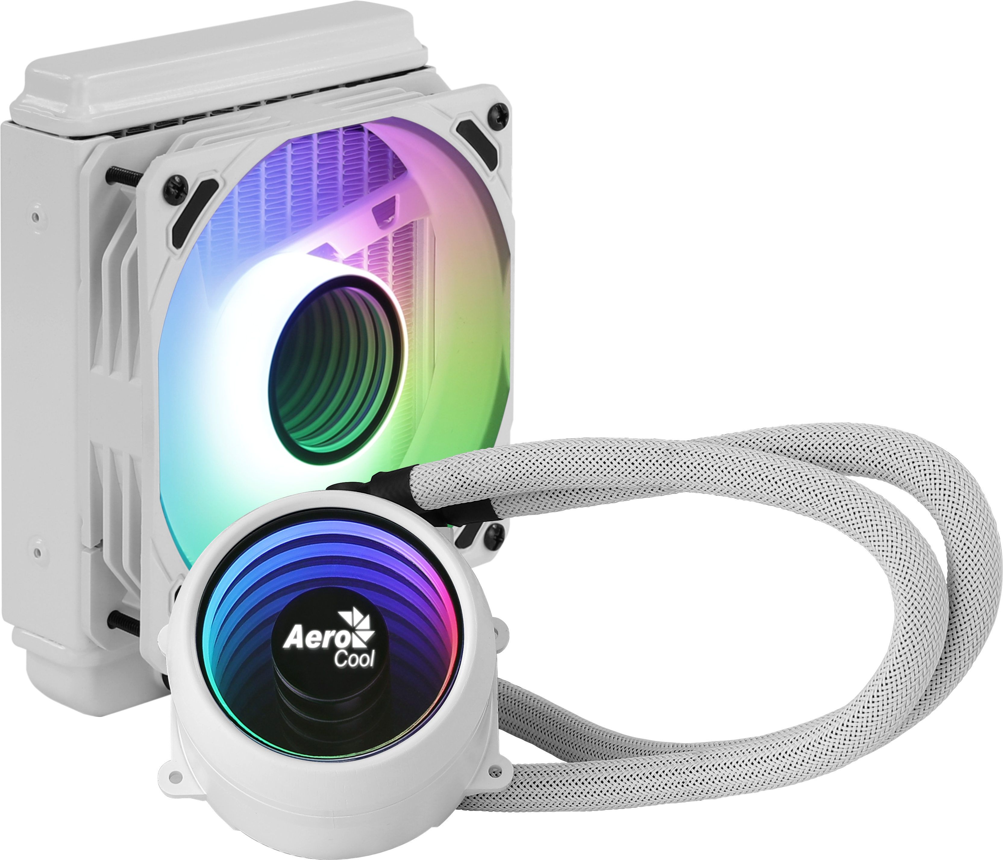 Un refrigerador líquido blanco para computadora con un ventilador que muestra colores del arcoíris y un tubo de agua.
