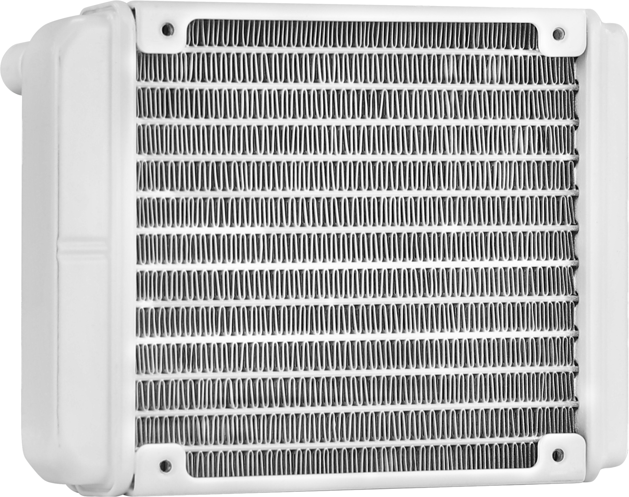 Un radiador blanco de computadora con una rejilla de aletas. Tiene forma rectangular y una superficie lisa.