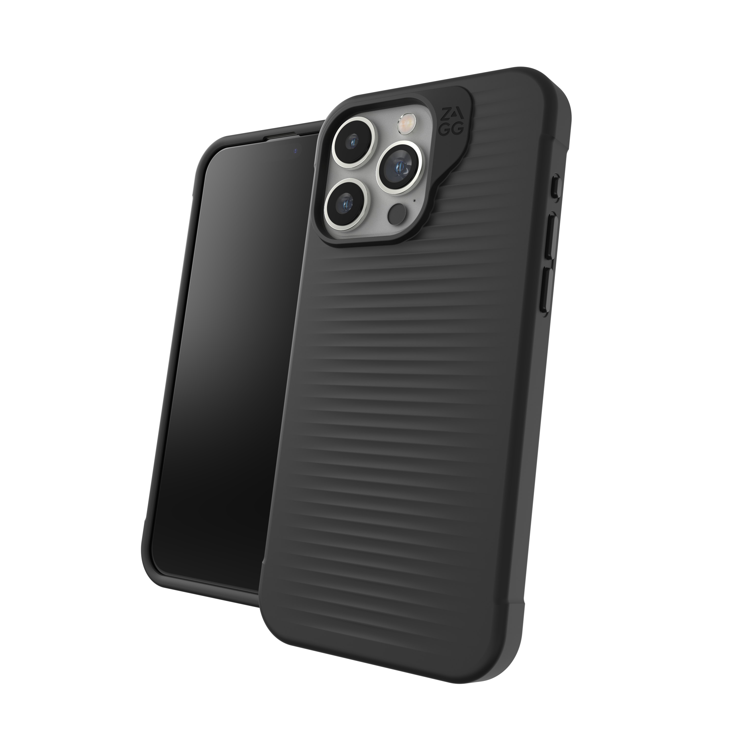 iPhone noir dans un étui noir texturé. Le téléphone est devant l'étui.