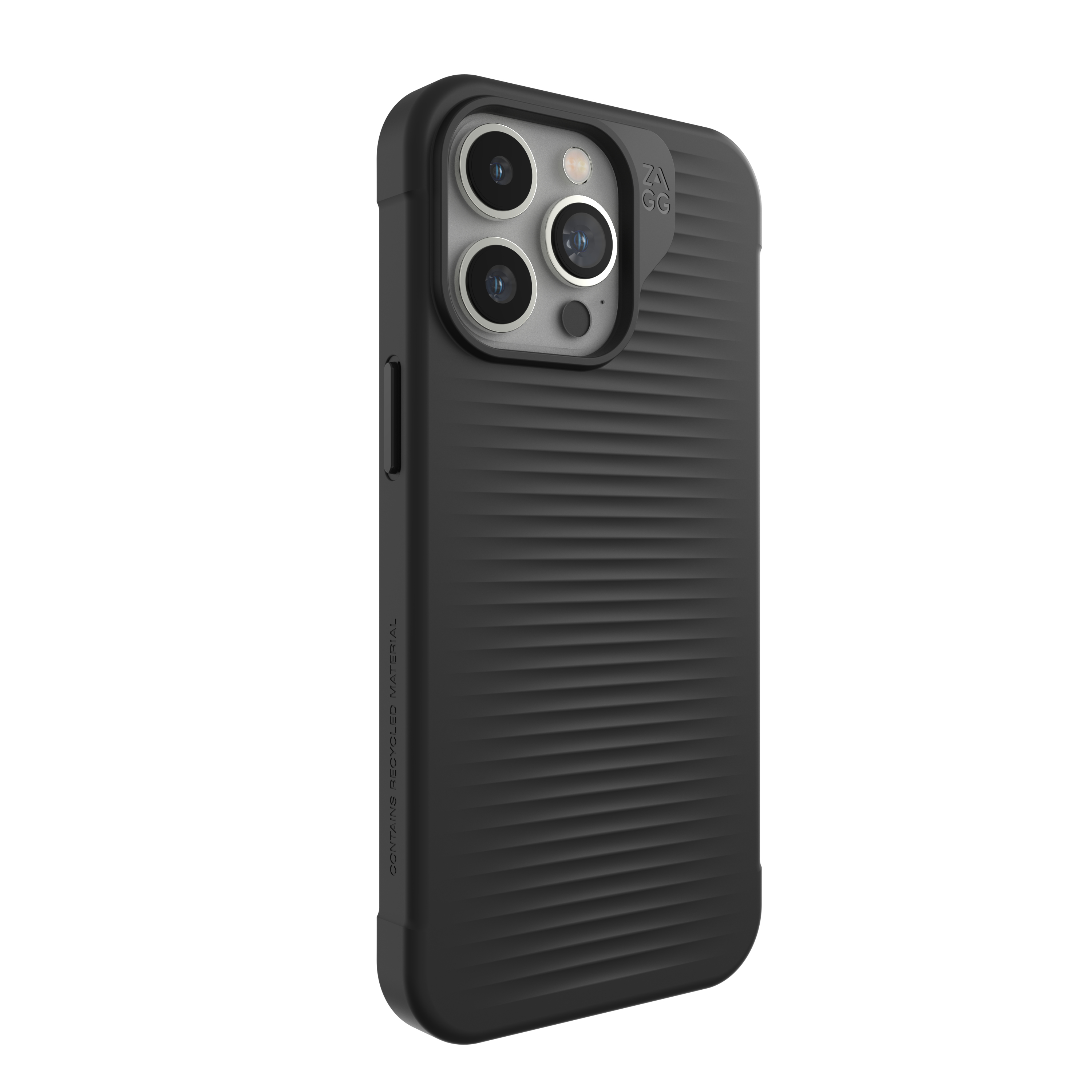 Une coque de téléphone noire avec une surface texturée, plusieurs lentilles de caméra et le mot ZAGG.