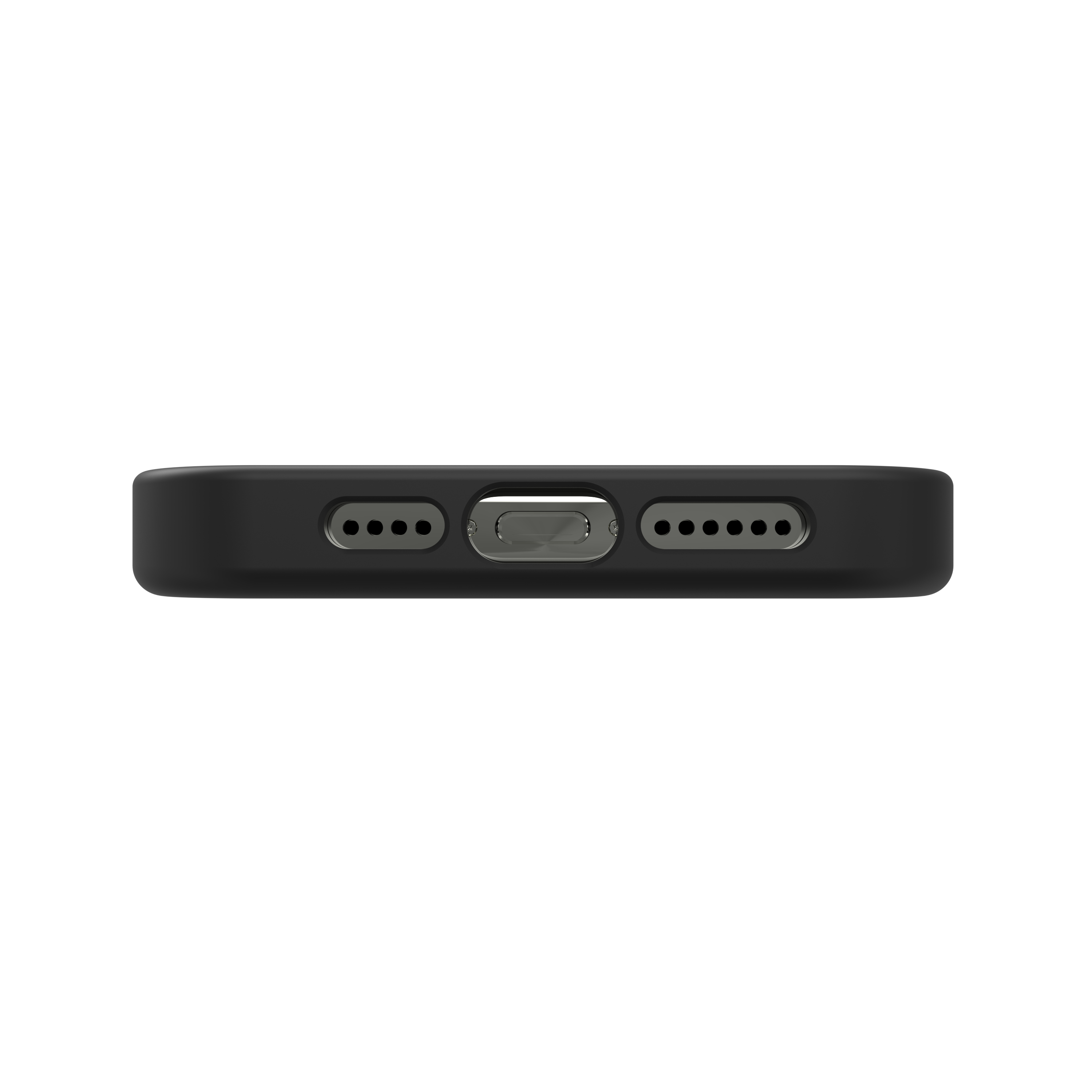 Gros plan sur le bas d'un étui de téléphone noir. Il comporte un port de chargement et des trous pour haut-parleurs.