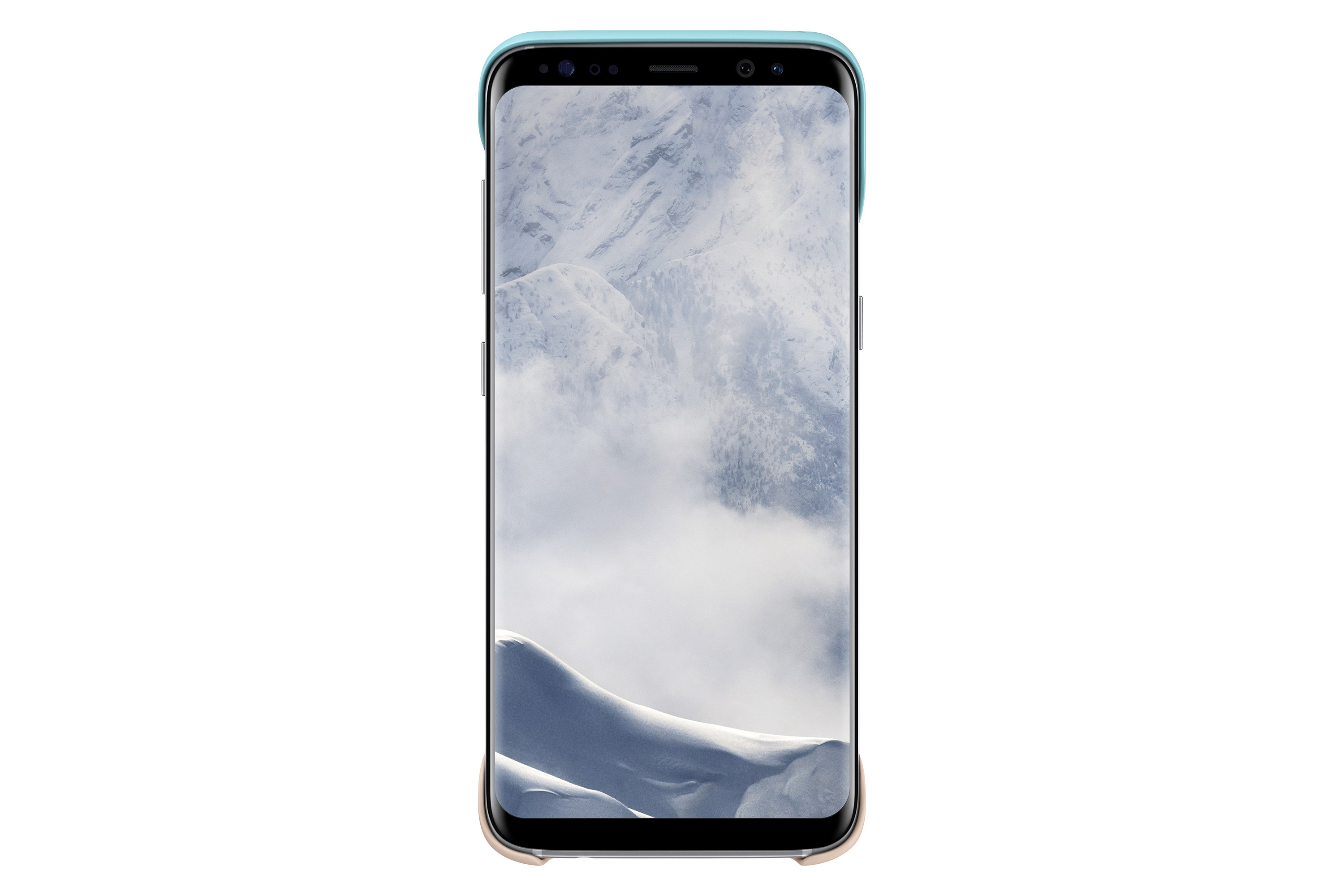 Un smartphone muestra una escena de montañas nevadas. El teléfono tiene una funda azul.