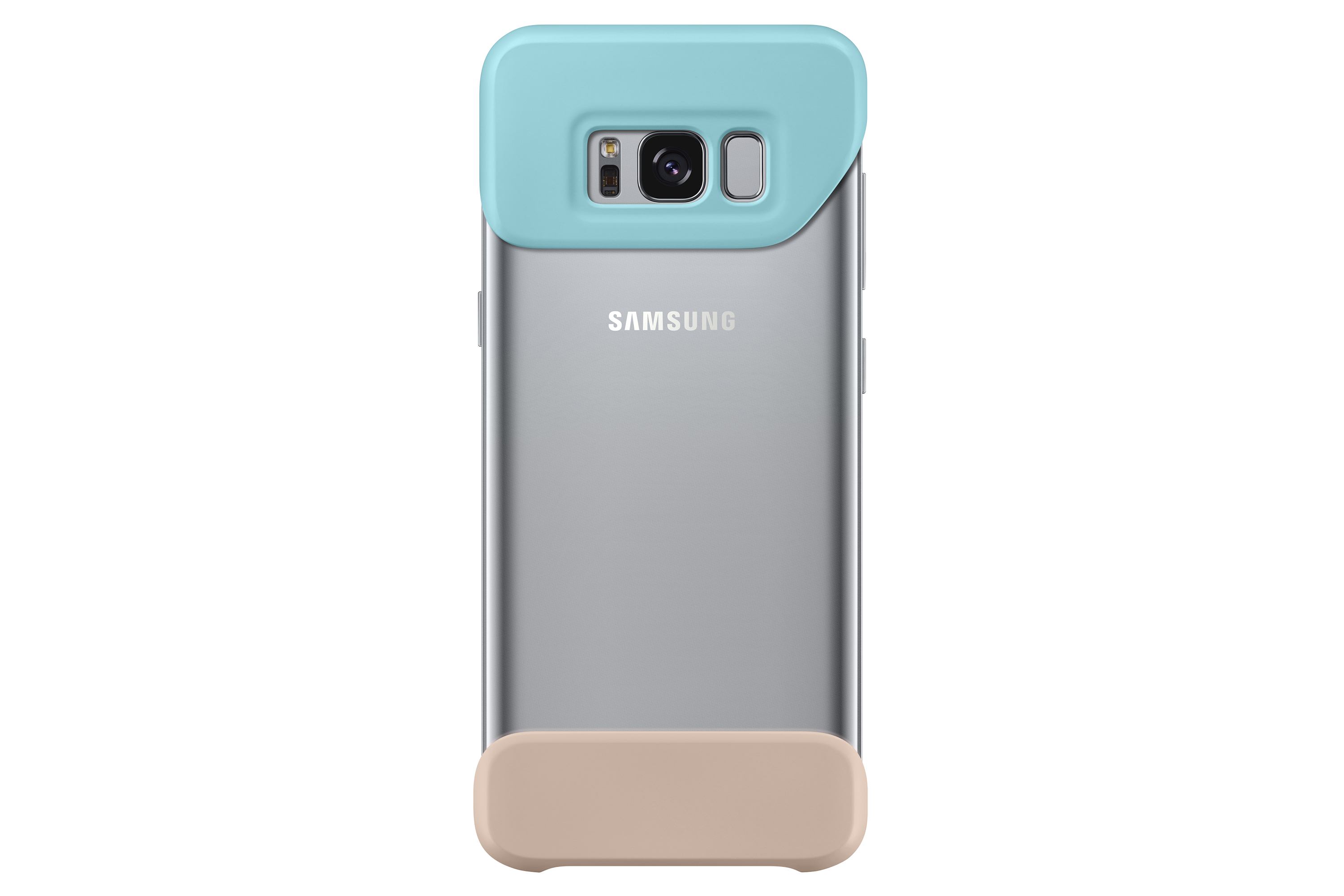 Parte trasera de un teléfono con cubierta superior azul e inferior beige. El teléfono es plateado con el logo de Samsung.