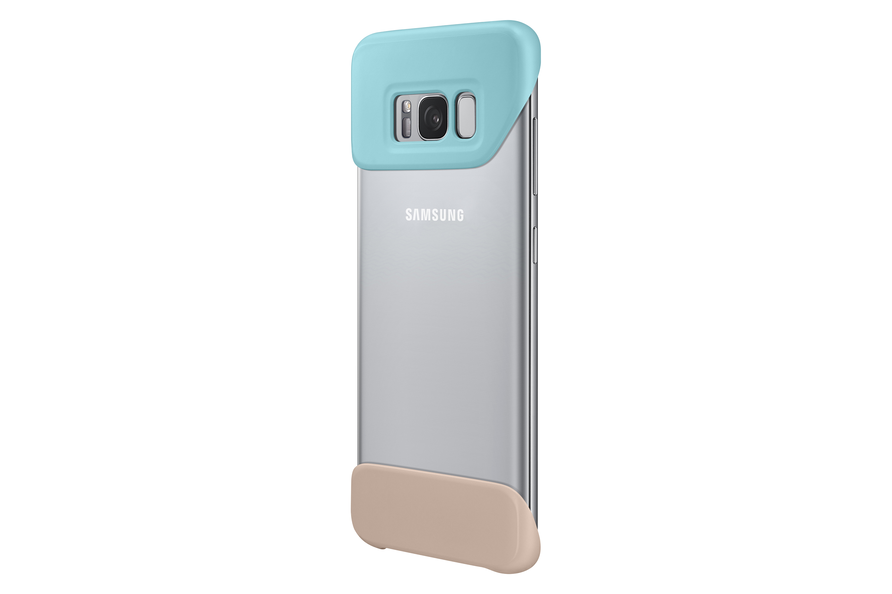 Un teléfono Samsung con una funda superior azul claro e inferior beige. El teléfono es plateado.