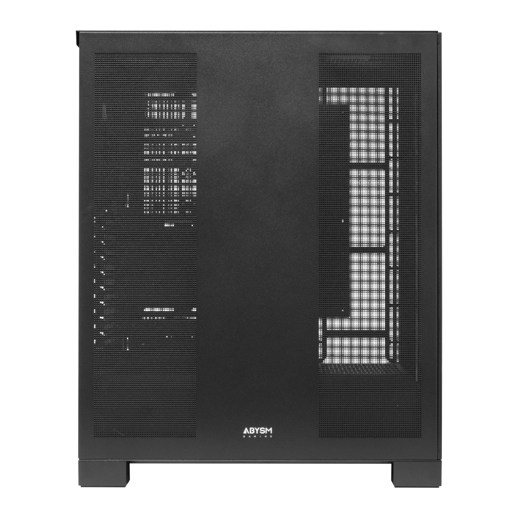 Una caja de computadora negra, rectangular, con rejillas de ventilación de malla. La marca 'ABYSM' es visible.