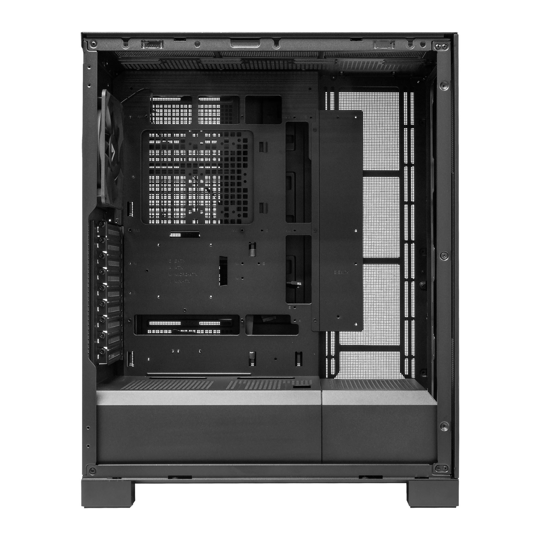 Una caja de ordenador negra vacía, que muestra los componentes internos y los paneles de malla. La caja está abierta, revelando múltiples puntos de montaje.