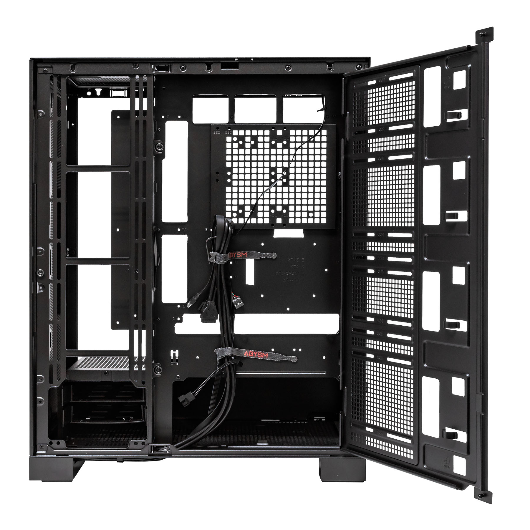 Carcasa de computadora negra abierta. Estructura interna visible con ranuras y gestión de cables. Puerta entreabierta.