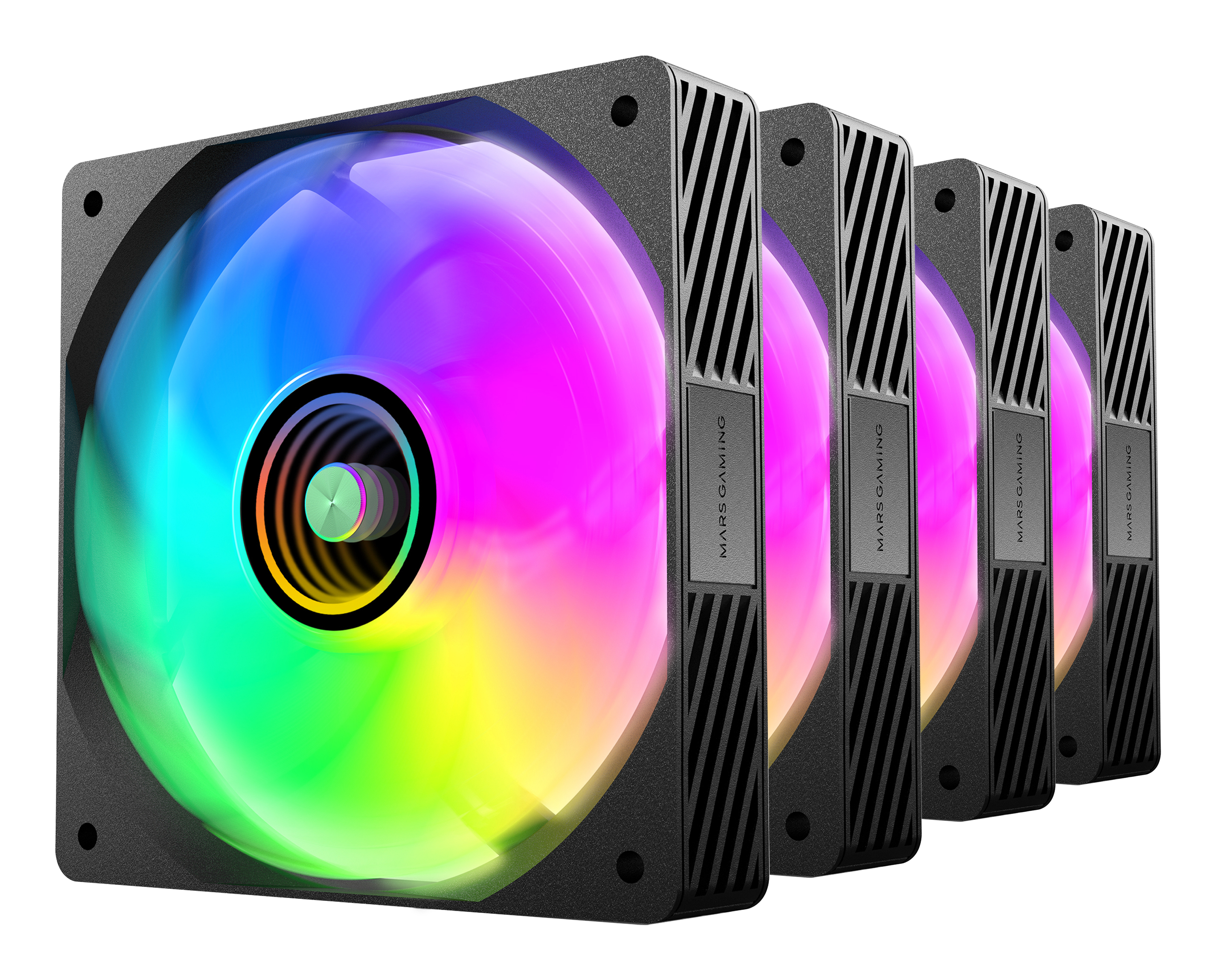 Cinco ventiladores de computadora RGB, cada uno con marco negro y aspas de colores arcoíris, dispuestos en fila.