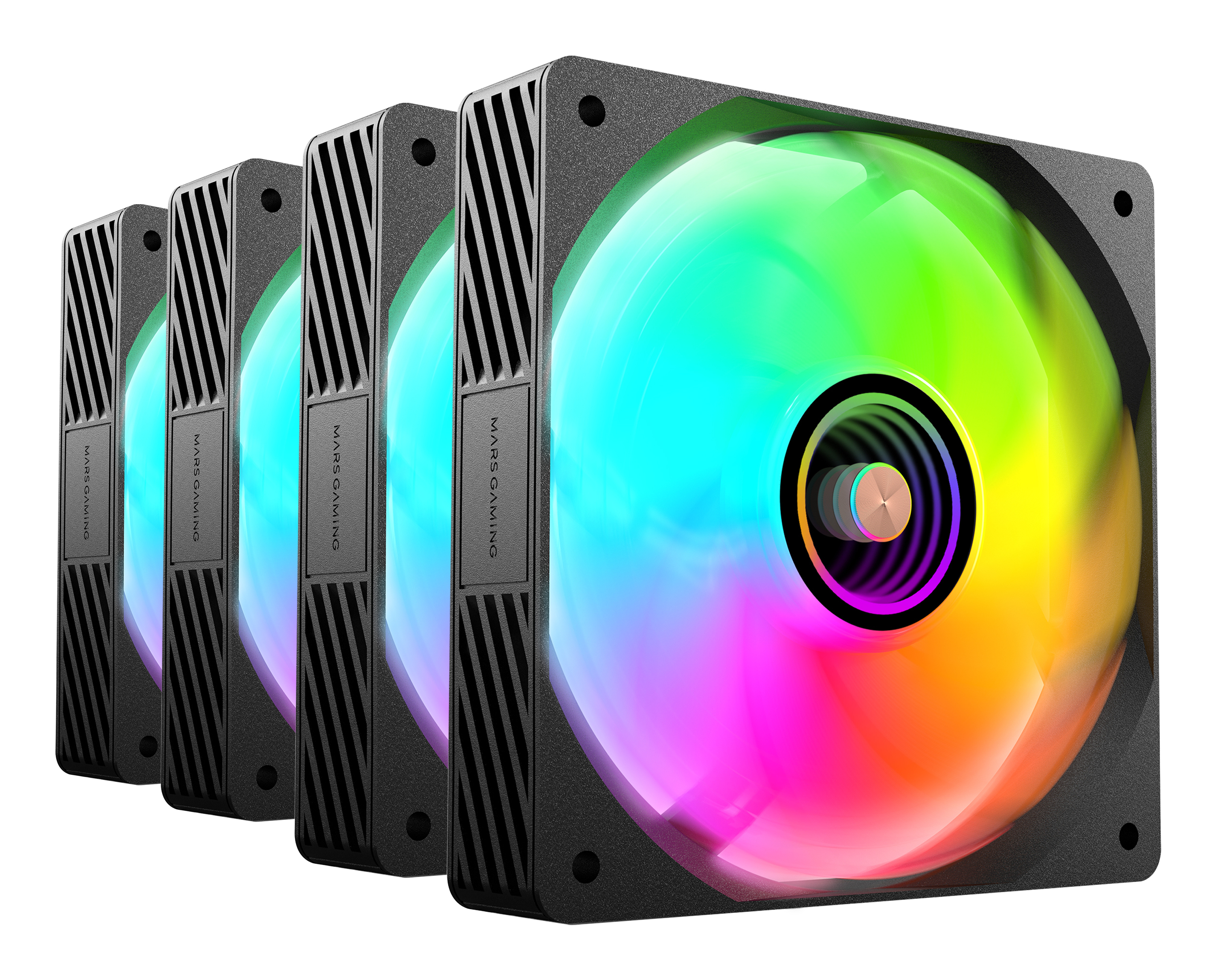 Cinco ventiladores de computadora con luces LED. Los ventiladores tienen un marco negro y las luces son arcoíris.