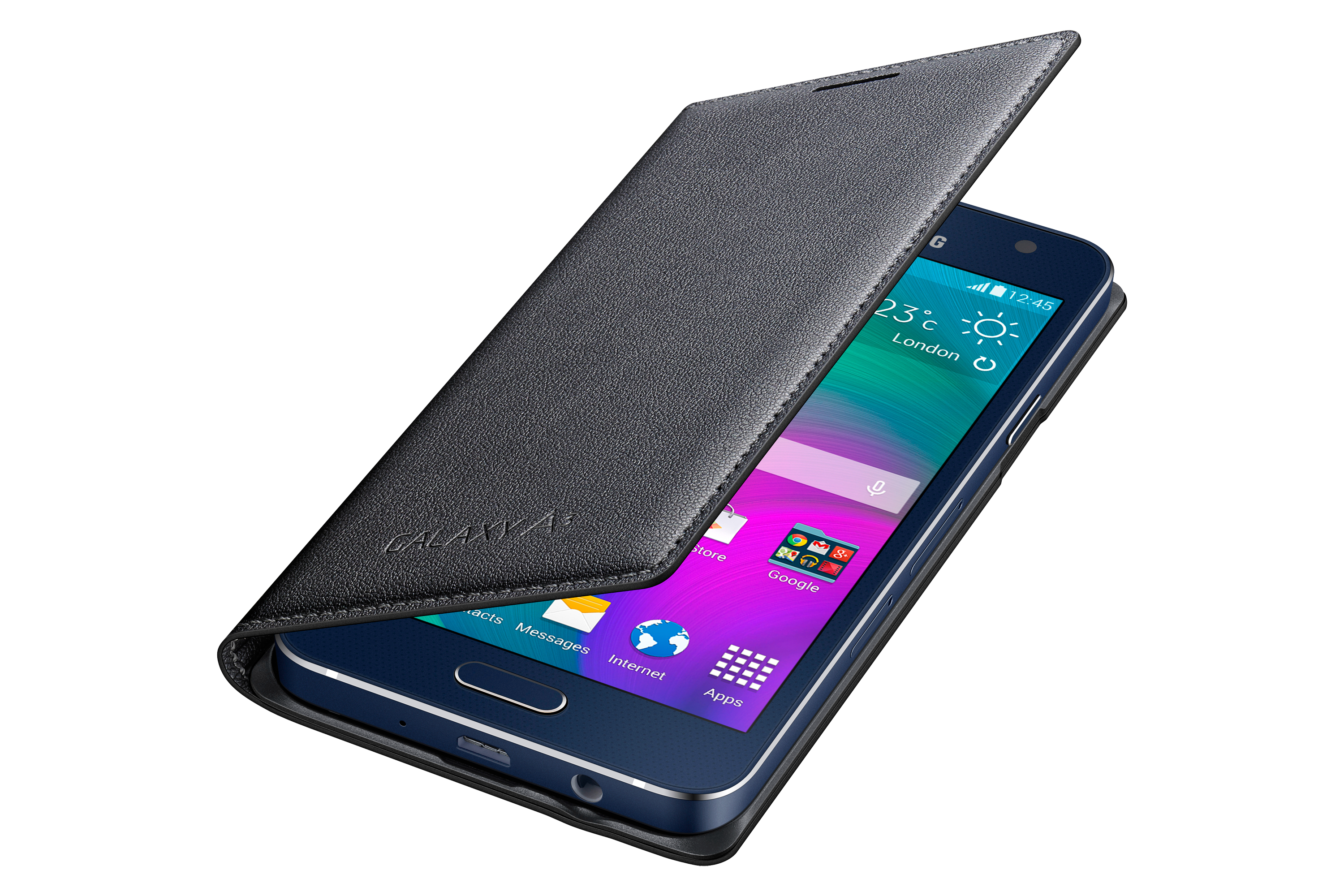 Uno smartphone blu scuro con custodia in pelle nera. Lo schermo mostra app e ora. La custodia è aperta.