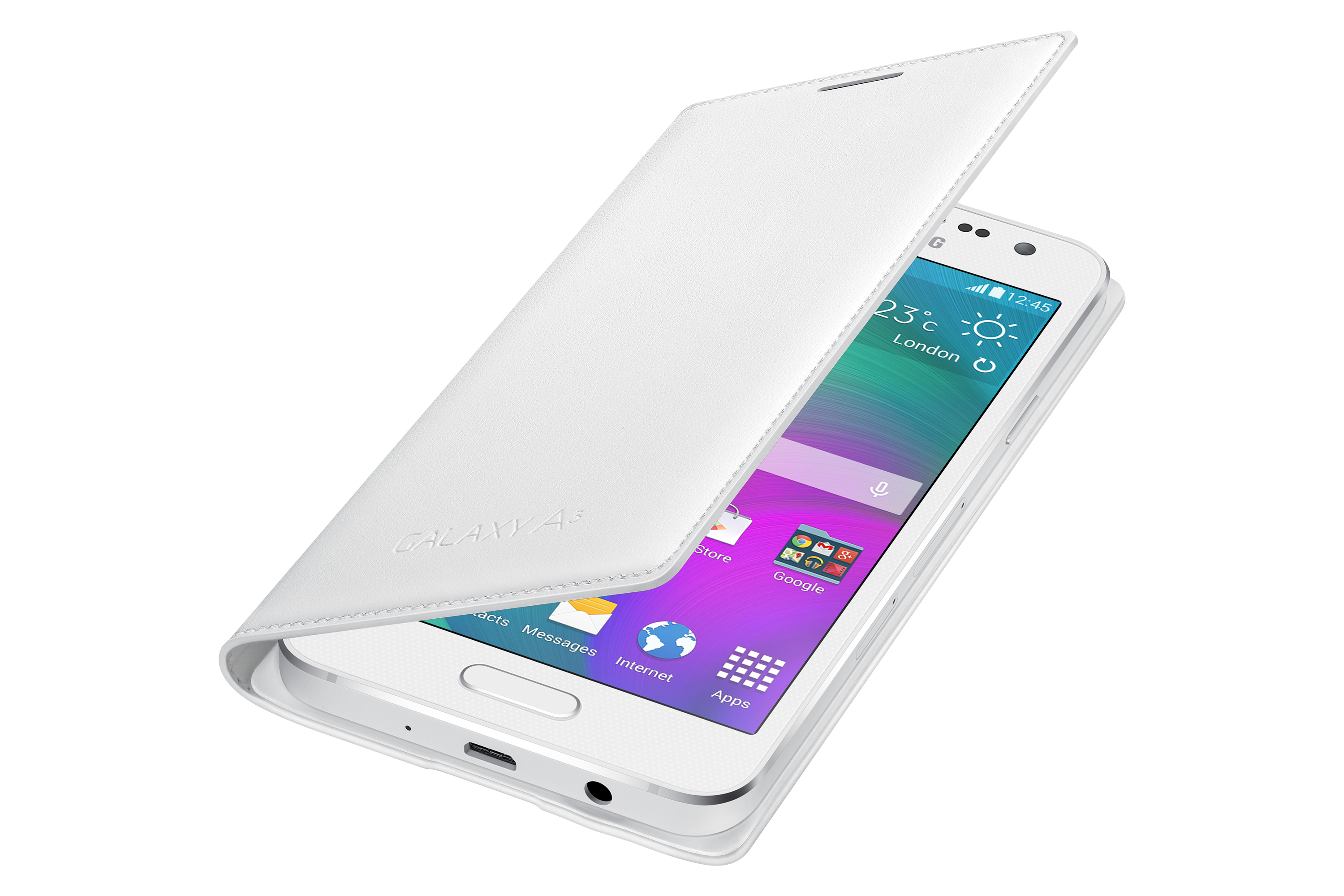 Telefono Galaxy A3 bianco con custodia aperta. Lo schermo mostra app e ora. La custodia ha impresso 'GALAXY A3'.