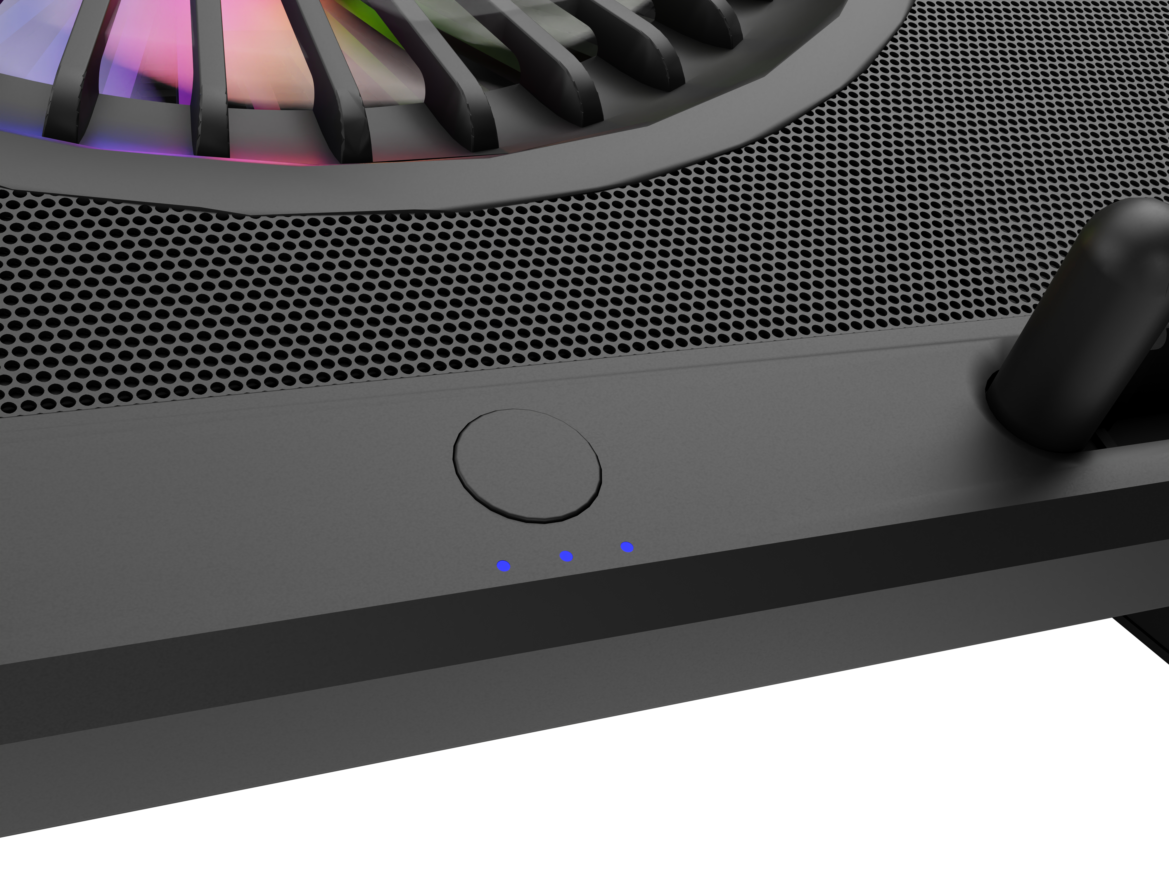Primer plano de un enfriador de portátil negro. Tiene un ventilador con iluminación RGB, un botón y luces indicadoras azules.