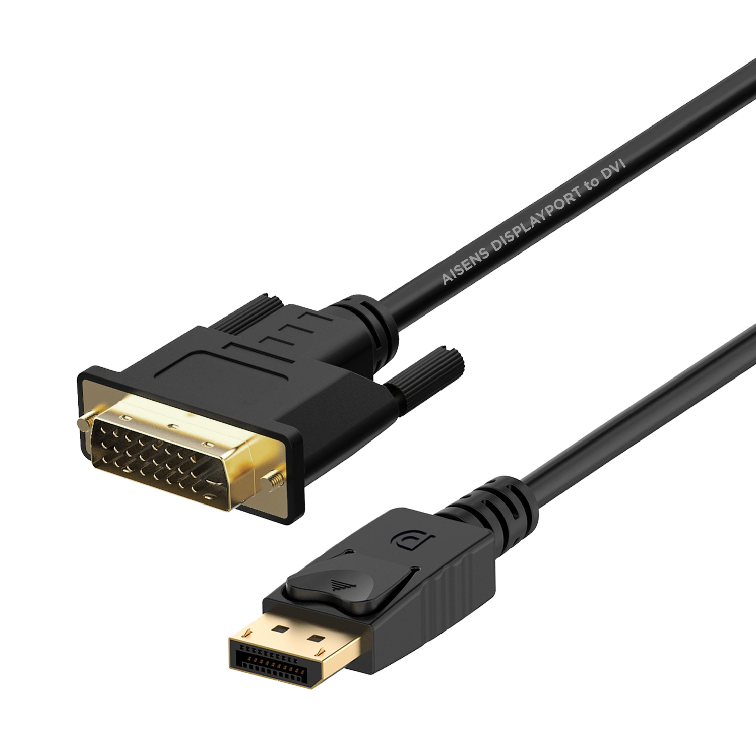 Un cable DisplayPort a DVI. Los conectores son negros y dorados. El cable tiene el texto 'AISENS DISPLAYPORT to DVI'.