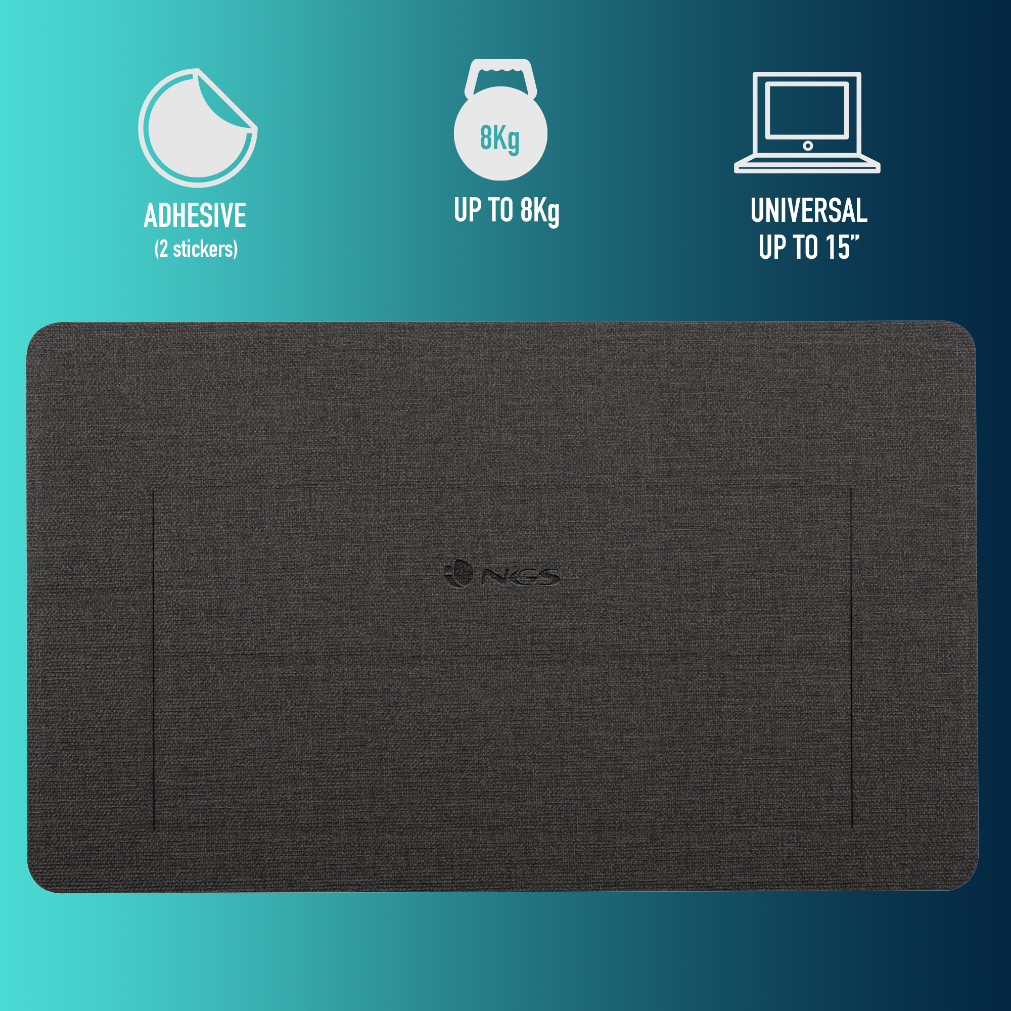 Eine dunkelgraue Matte mit weißen Symbolen, die Klebstoff, Tragfähigkeit (8 kg) und Laptopgröße bis 15 Zoll anzeigen.