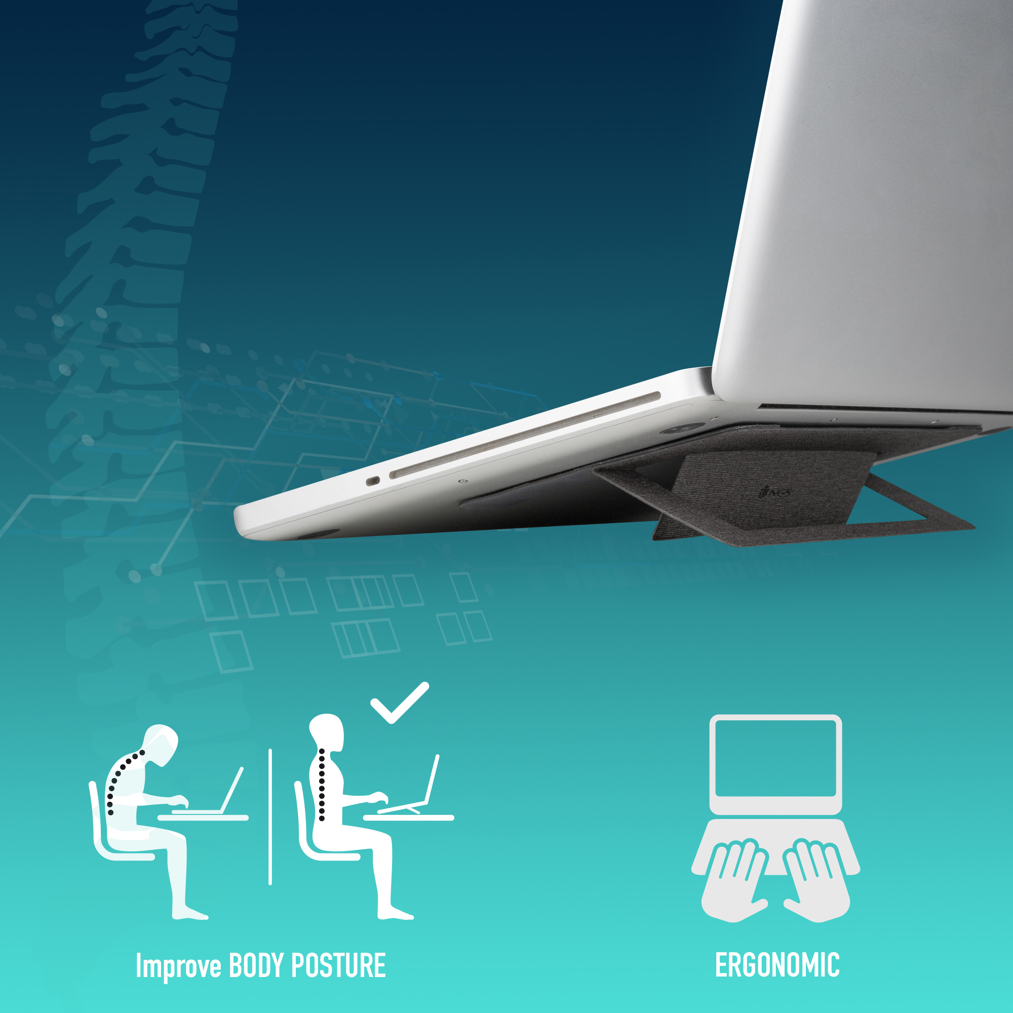 Laptop auf Ständer, Verbesserung der Haltung. Symbole zeigen korrekte Haltung und ergonomisches Design. Hintergrund teal.