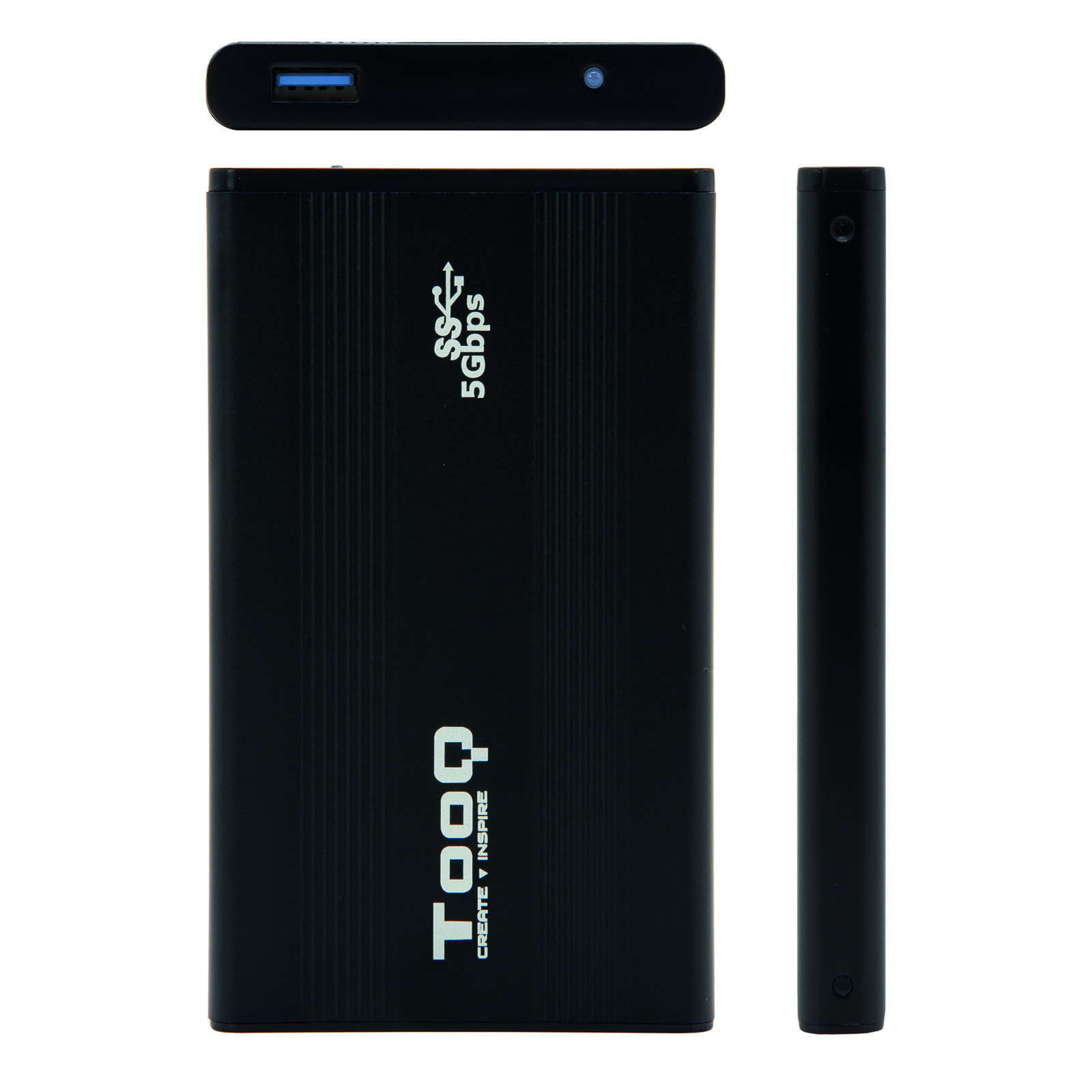 Disco duro externo negro con puerto USB, vista lateral y pieza superior separada. El disco tiene el texto 'Tooq'.