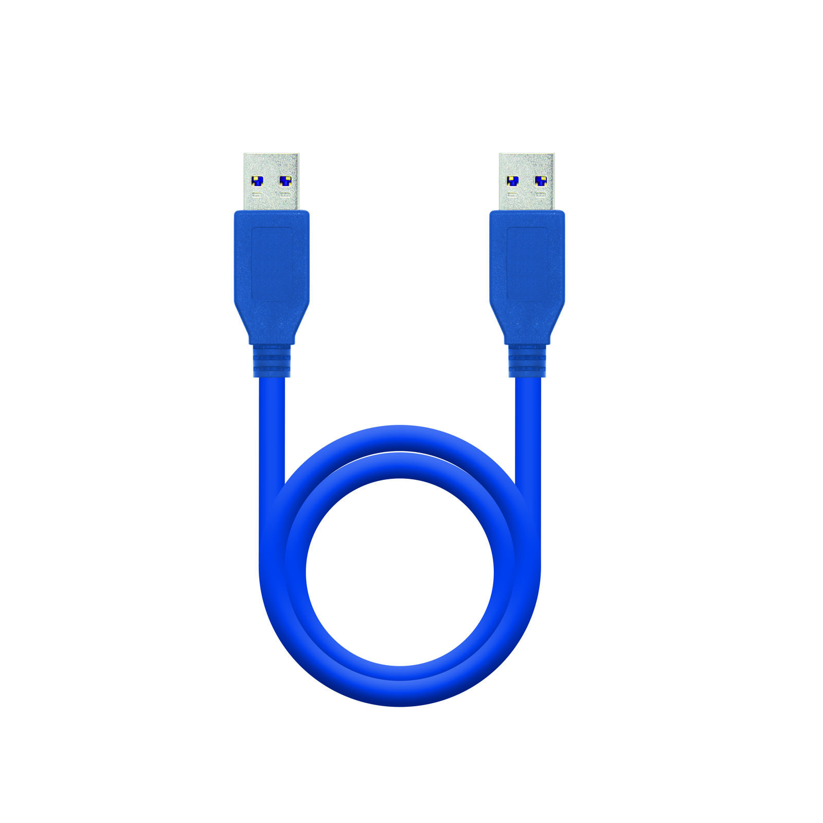 Cable USB azul con dos conectores y un cable en bucle, aislado sobre fondo blanco.