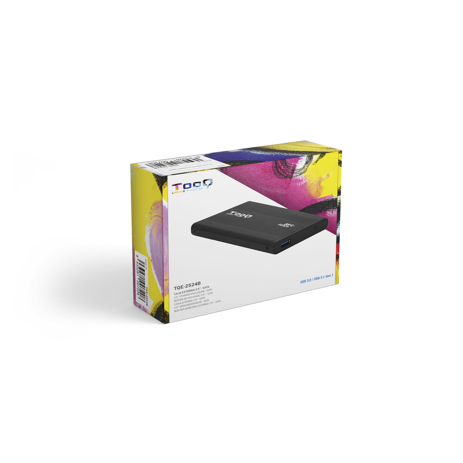 Una caja con un disco duro externo negro, USB 3.0. La caja tiene arte abstracto colorido.