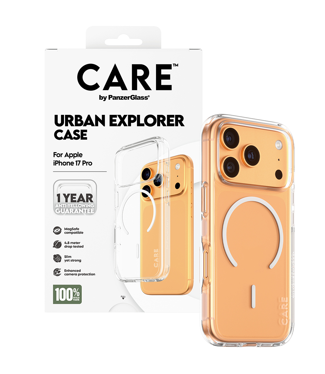 İçinde bir iPhone bulunan bir telefon kılıfı kutusu. Kılıf şeffaf, turuncu bir telefon görünüyor. Kutuda 'CARE' ve 'URBAN EXPLORER' yazıyor.