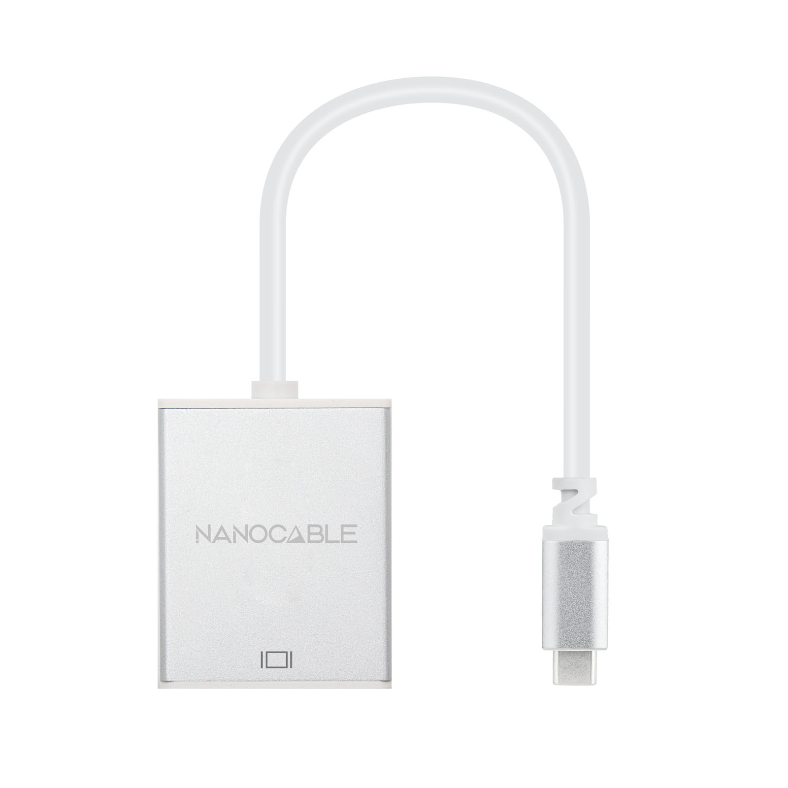 Un adaptador Nanocable plateado con cable blanco, conectado a un conector USB-C.