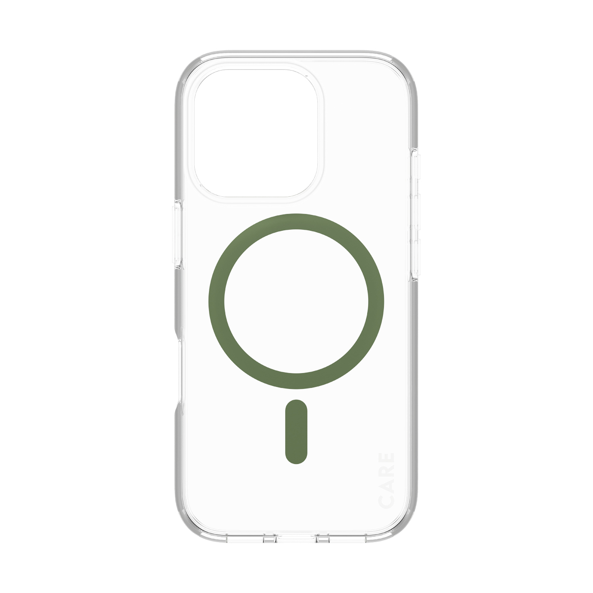Eine transparente Handyhülle mit einem grünen Kreis und einer kleinen Linie darunter, wahrscheinlich für MagSafe. Das Wort 'CARE' ist aufgedruckt.