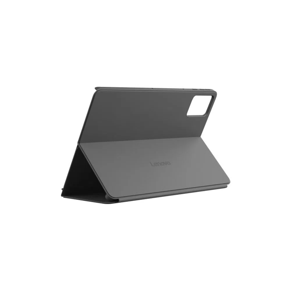 Eine graue Lenovo Tablet-Hülle ist geöffnet und zeigt die Innenseite und den Kameraausschnitt.