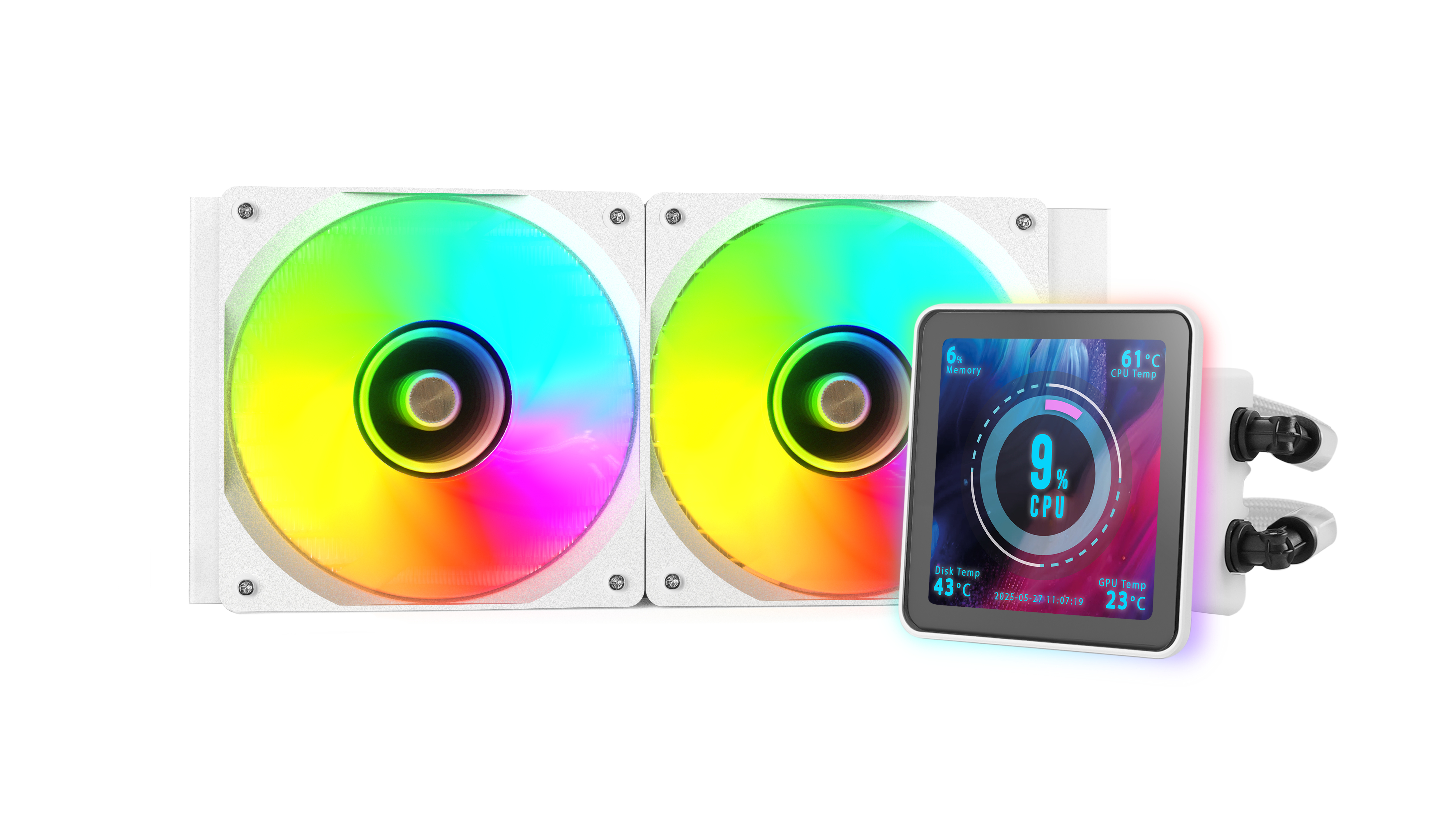 Un dissipatore a liquido per computer con due ventole che mostrano colori arcobaleno. Uno schermo mostra l'utilizzo di CPU e memoria.