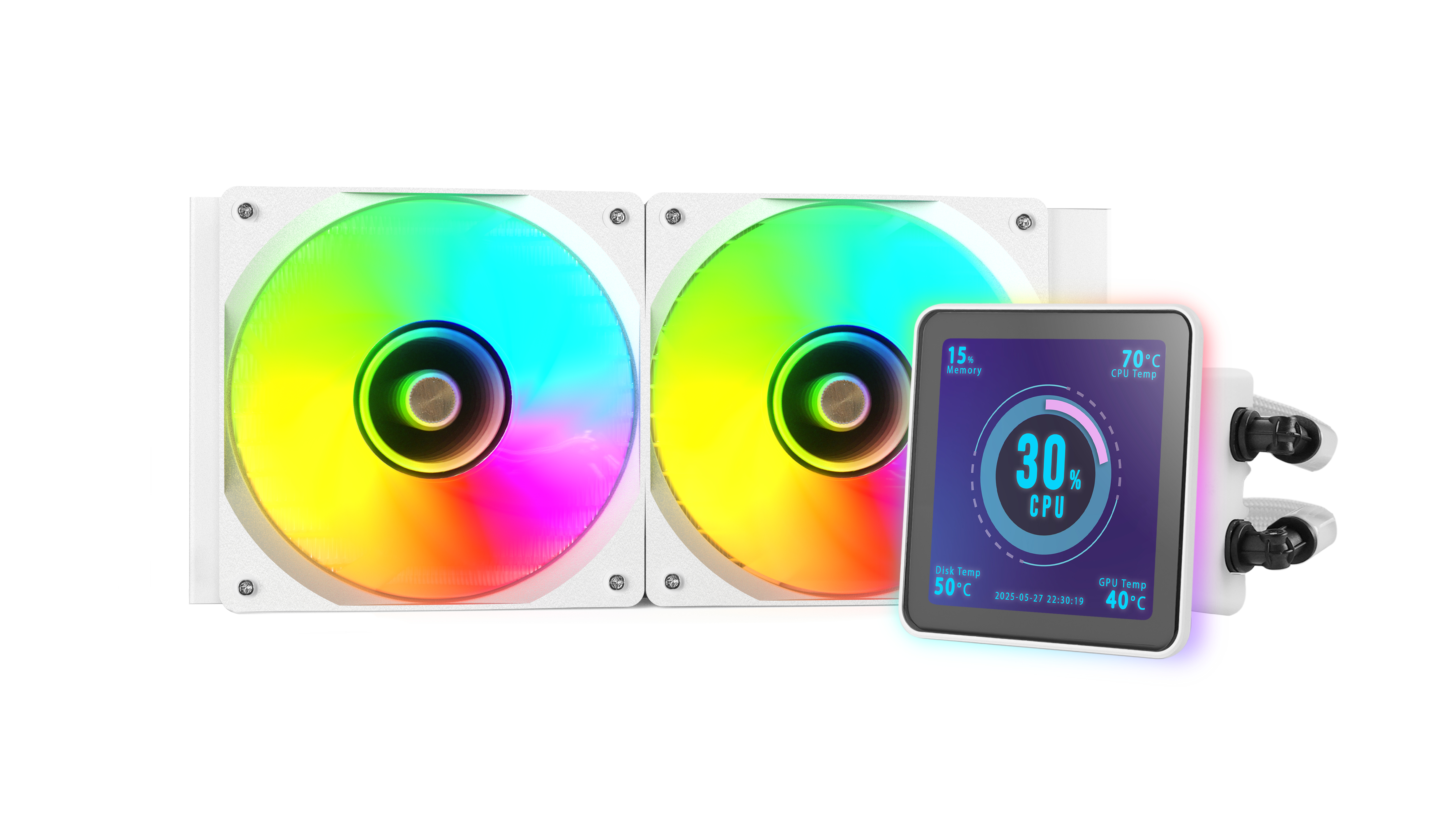 Un dissipatore per computer con due ventole che mostrano colori arcobaleno e uno schermo che mostra l'utilizzo e la temperatura della CPU.