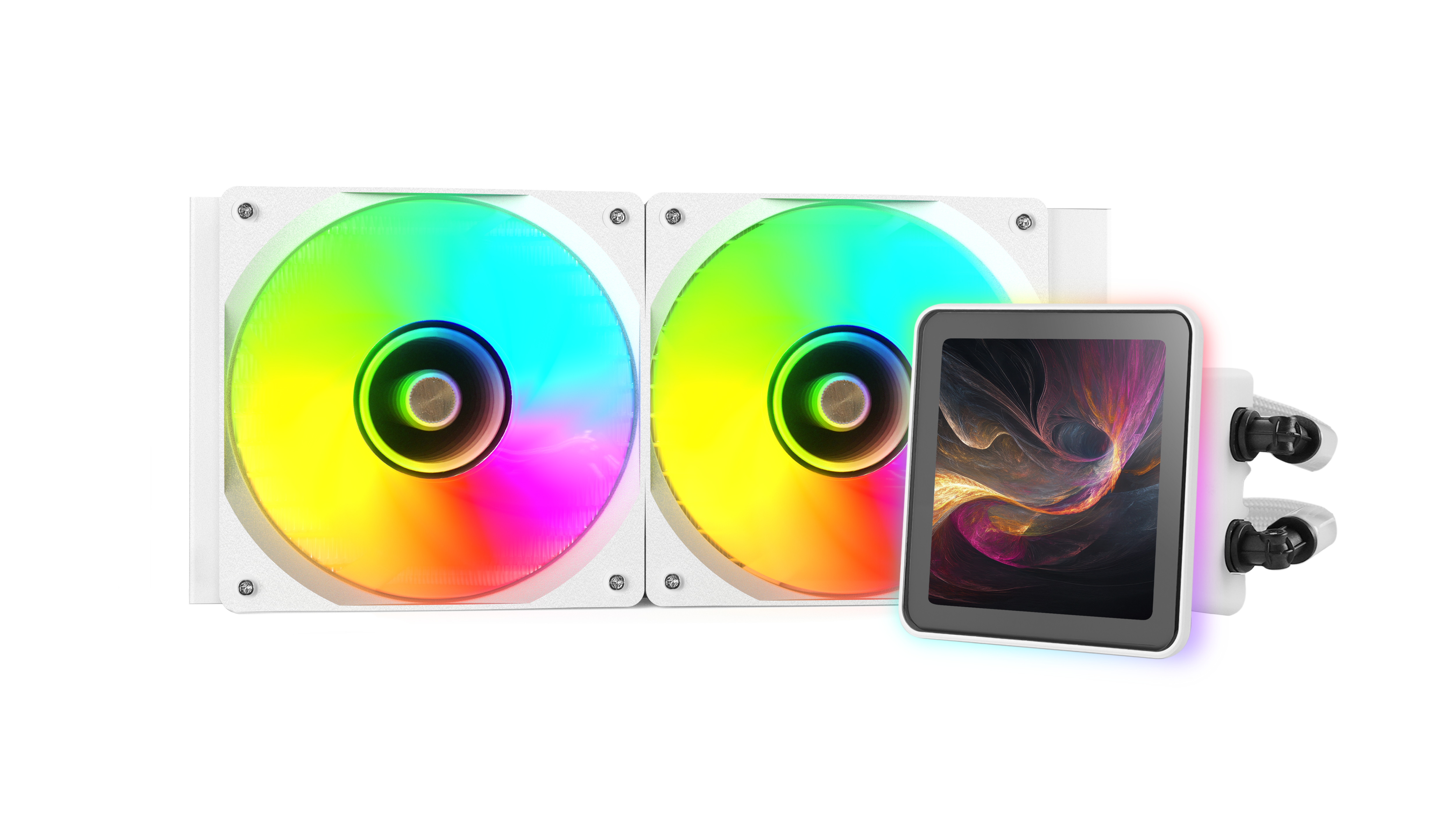 Un dissipatore per computer con due ventole che mostrano colori arcobaleno e uno schermo che mostra un'immagine astratta colorata.