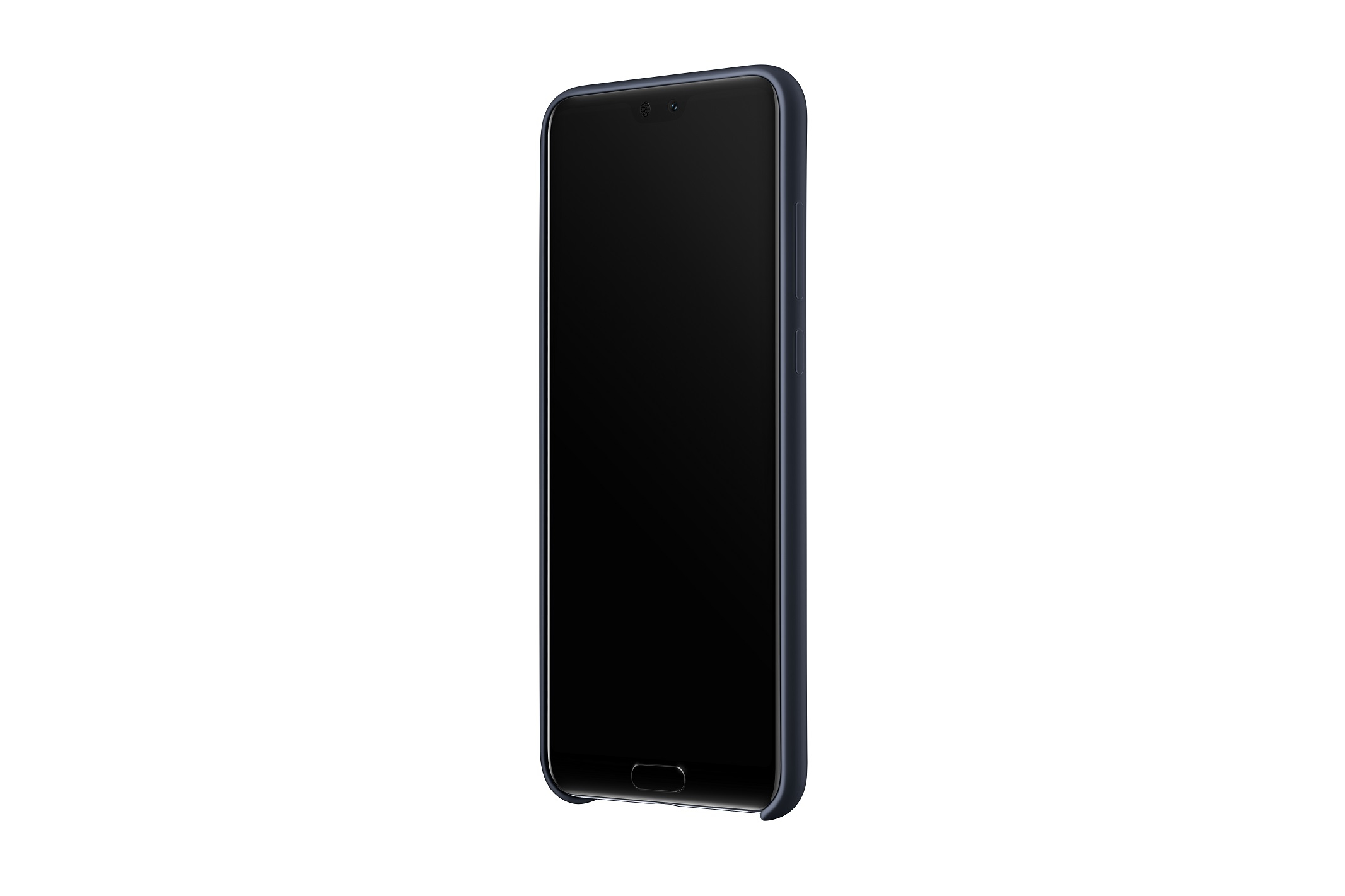 Ein Smartphone mit schwarzem Bildschirm und marineblauem Gehäuse wird vor weißem Hintergrund links geneigt angezeigt.