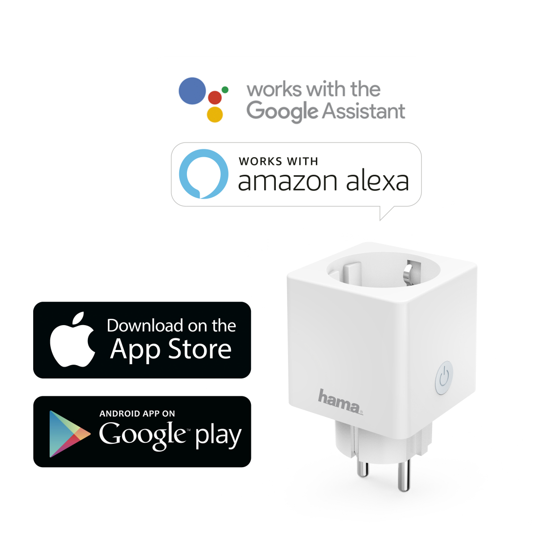 Weißer Smart-Stecker mit Ein-/Aus-Taste und Stiften. Zeigt App Store- und Google Play-Logos. Text: Funktioniert mit Google Assistant und Amazon Alexa.