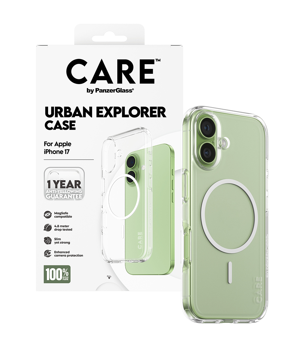 Şeffaf bir telefon kılıfı kutusu. Kutuda CARE markası ve iPhone 17 için 'URBAN EXPLORER CASE' yazısı var.