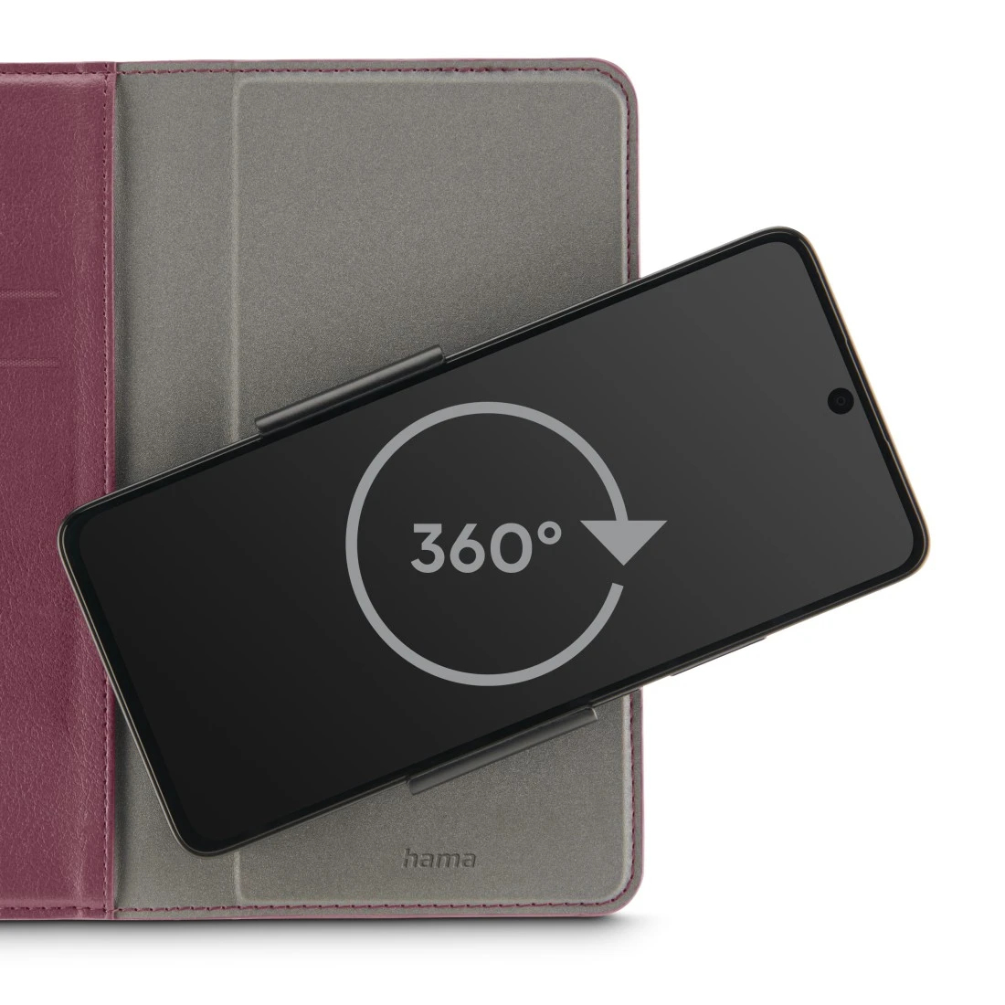 Ein Tablet mit 360-Grad-Rotationssymbol wird in einer Hülle angezeigt. Die Hülle ist grau und weinrot. Der Markenname 'hama' ist sichtbar.