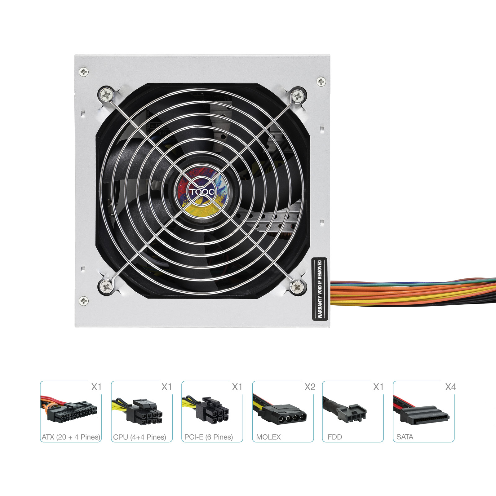 Una fuente de alimentación para computadora, con ventilador y cables. Los conectores están etiquetados. La unidad es plateada y negra.