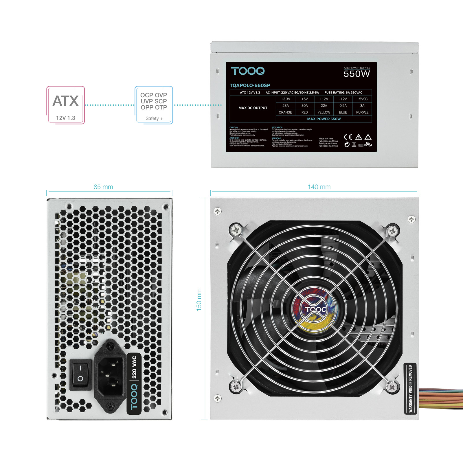 Una fuente de alimentación para computadora con un ventilador y especificaciones. La unidad es plateada y negra con dimensiones y etiquetas.