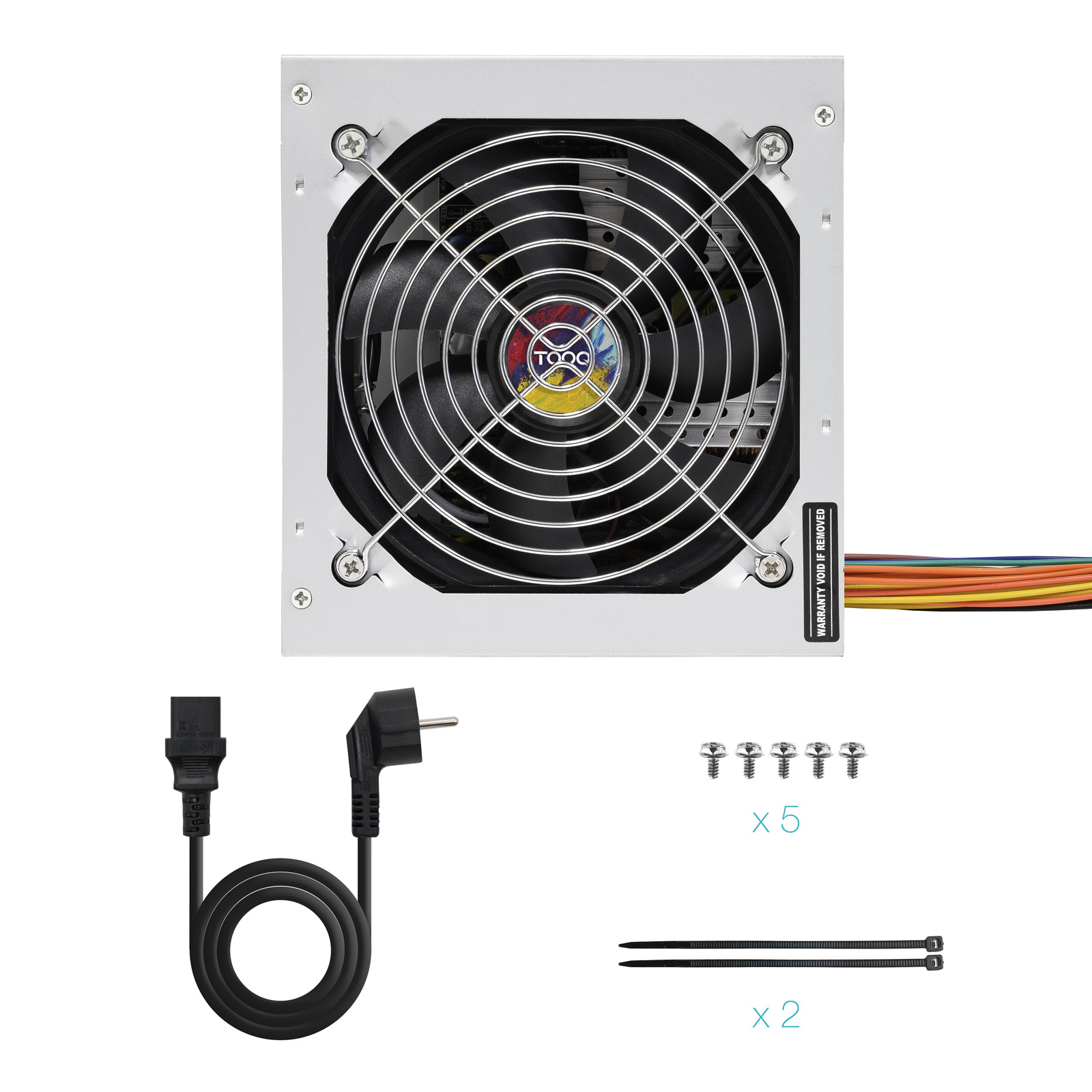 Una fuente de alimentación de computadora con ventilador, cable de alimentación, enchufe, tornillos y bridas.