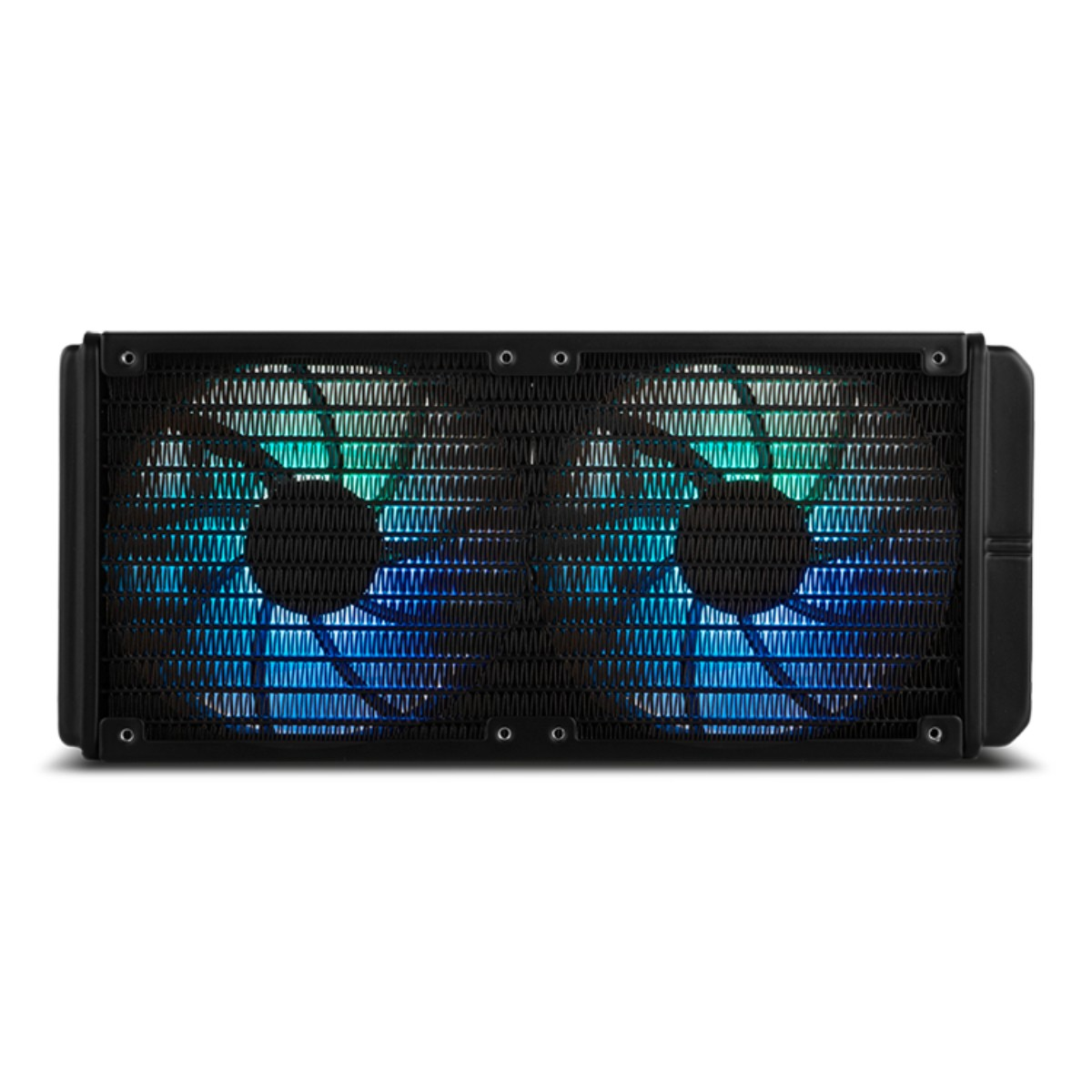Een vloeistofkoeler voor computers met twee ventilatoren. De ventilatoren zijn verlicht met blauwe en groene LED's, en het heeft een zwarte radiator.