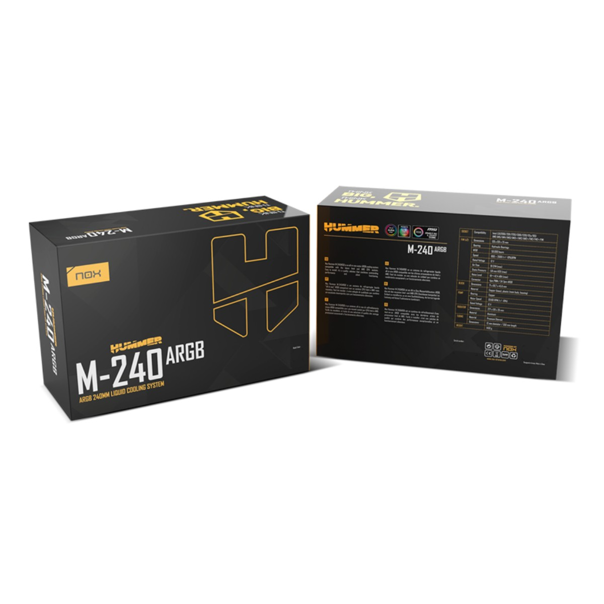 Twee zwarte dozen met gouden letters. De dozen zijn gelabeld 'HUMMER M-240 ARGB' en 'ARGB 240MM LIQUID COOLING SYSTEM'.