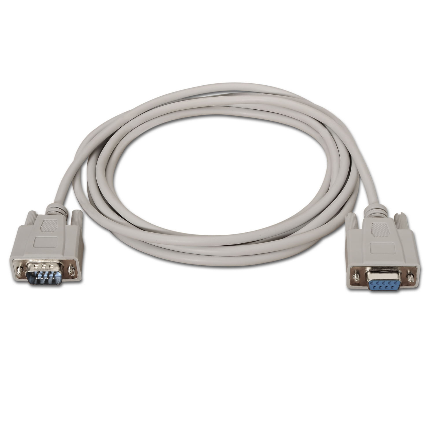 Un cable serial gris con dos conectores sobre fondo blanco. El cable está en bucle y es de color gris claro.