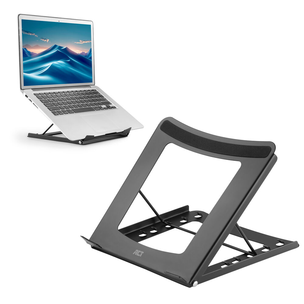 A laptop on a stand displays a mountain scene. A separate stand is visible. Both are on a white background.