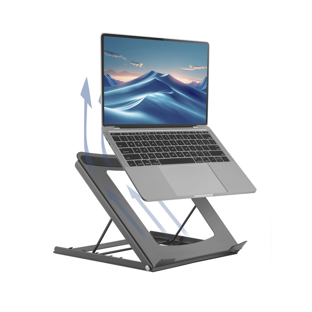 A laptop sits on a gray stand. The screen displays mountains. Arrows indicate airflow. The stand is angled, and the background is white.