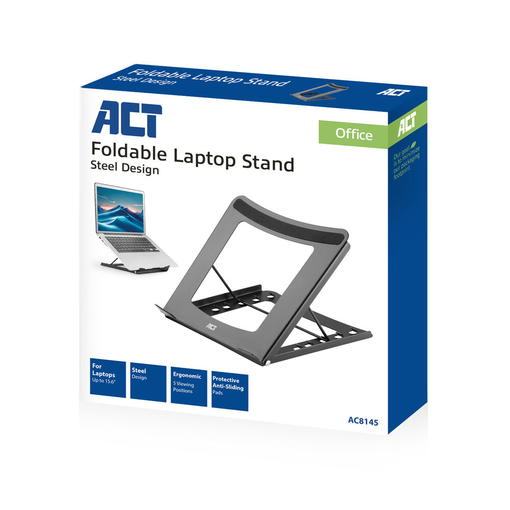 A box shows a foldable laptop stand. The stand is steel, and the box has details like 'ACT', 'Office', and 'AC8145'.