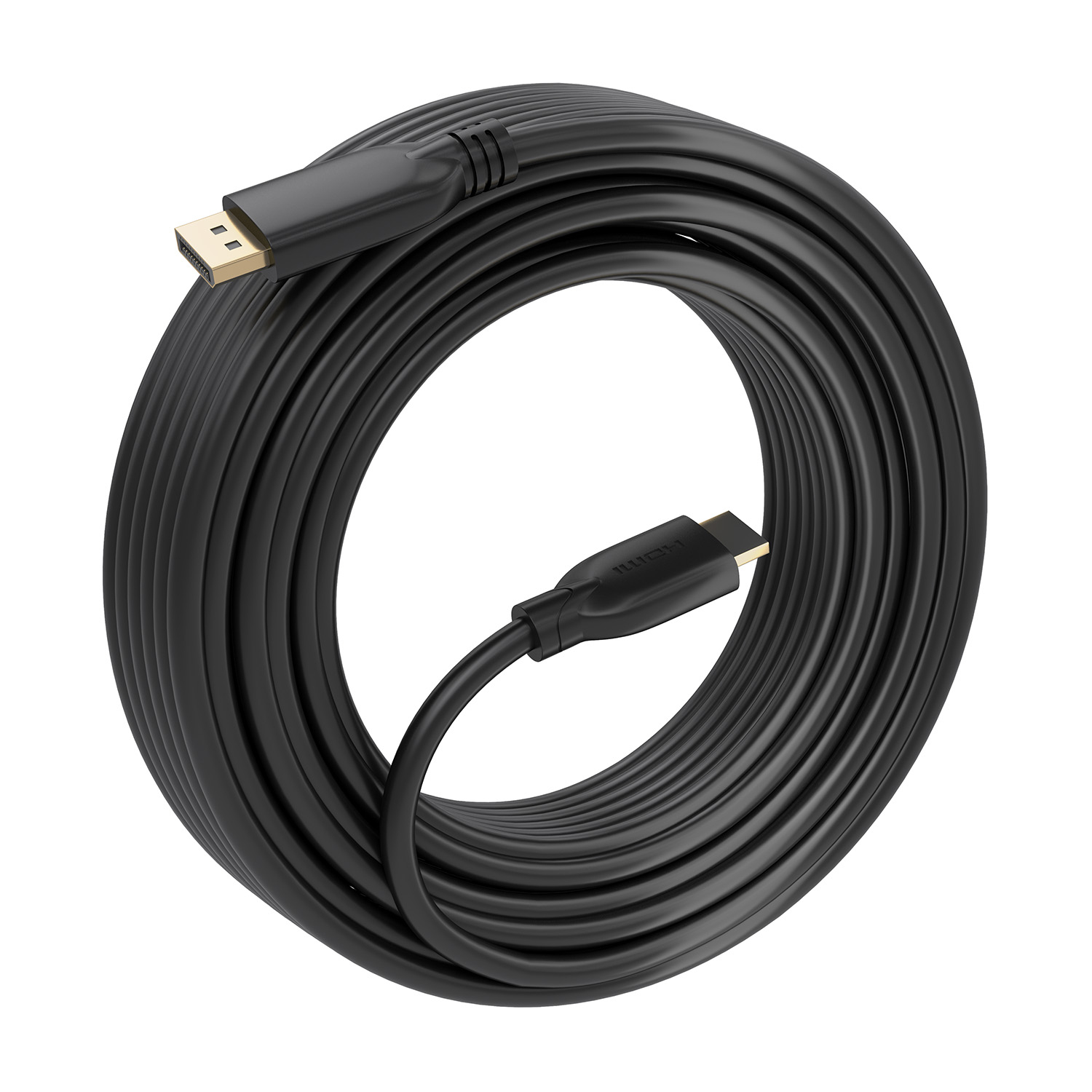 Un cable HDMI negro enrollado con conectores en cada extremo. Los conectores tienen contactos dorados.