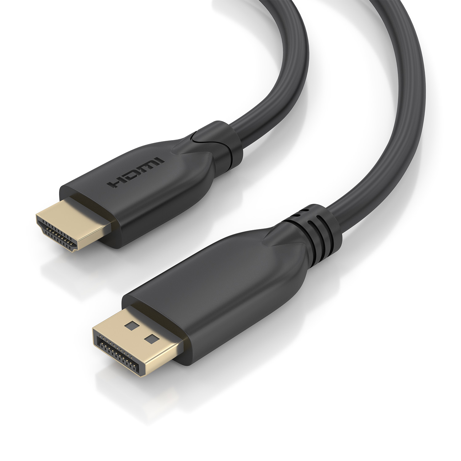 Un cable HDMI negro y un cable DisplayPort, con conectores dorados, yacen sobre una superficie blanca. El conector HDMI tiene 'HDMI'.
