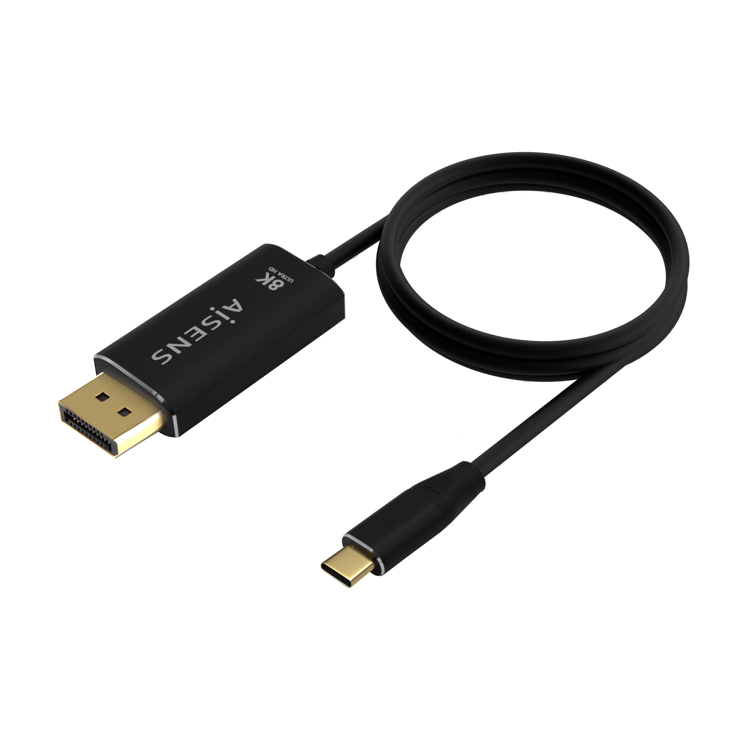 Cable HDMI negro con conectores dorados. El cable está enrollado. El extremo tiene un conector USB-C.