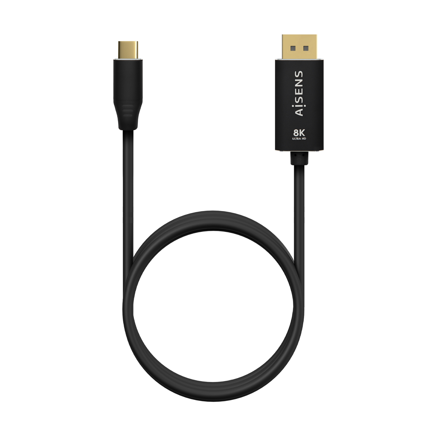 Cable negro AiSENS 8K Ultra HD, con conector USB-C y DisplayPort, sobre fondo blanco.