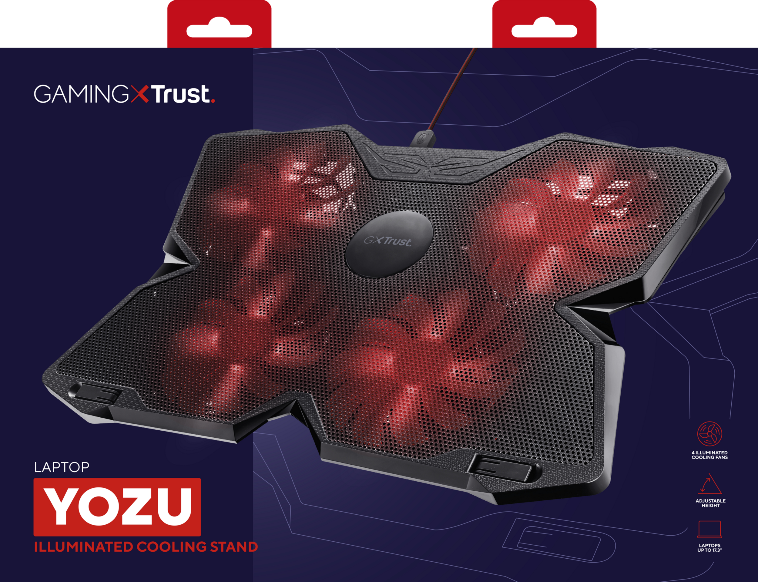 Ein Laptop-Kühlständer mit rot beleuchteten Lüftern. Der schwarze Ständer hat ein Mesh-Design. Der Markenname ist sichtbar.