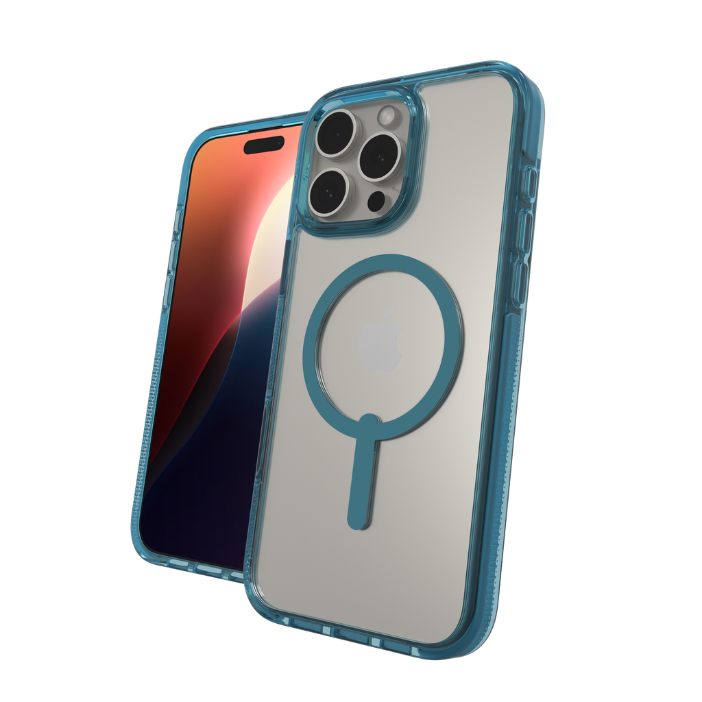 Een iPhone in een blauw omrande, doorzichtige hoes. De telefoon is zichtbaar door de hoes. Een tweede telefoon bevindt zich achter de hoes.